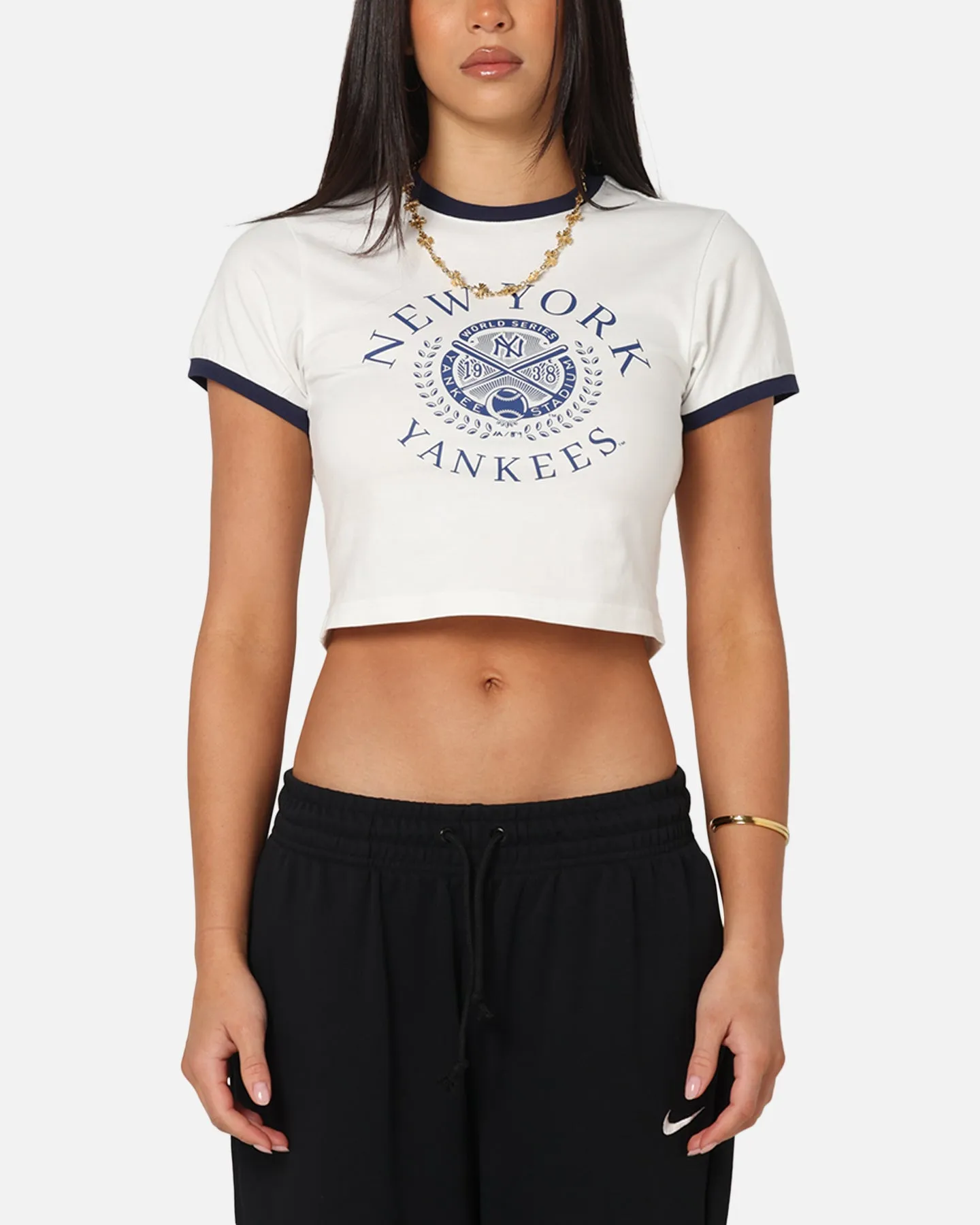Premium Cotton Recycled Material Majestic Athletic Women's New York Yankees Crest Baby T-Shirt Vintage White