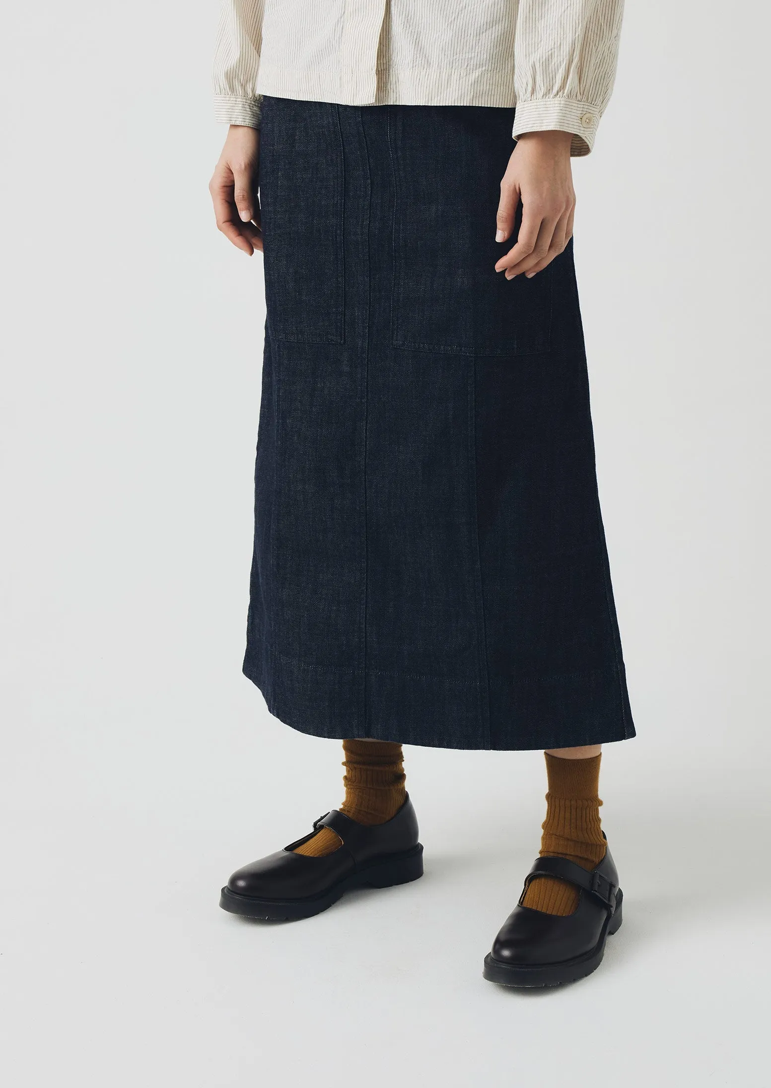 Trendy Outfit Patch Pocket Organic Indigo Denim Skirt | Indigo