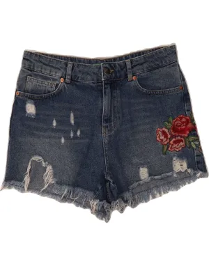 BENETTON Womens Distressed Denim Shorts  W30 Medium Blue Floral Cotton Weekend Casual UV Protective Coating