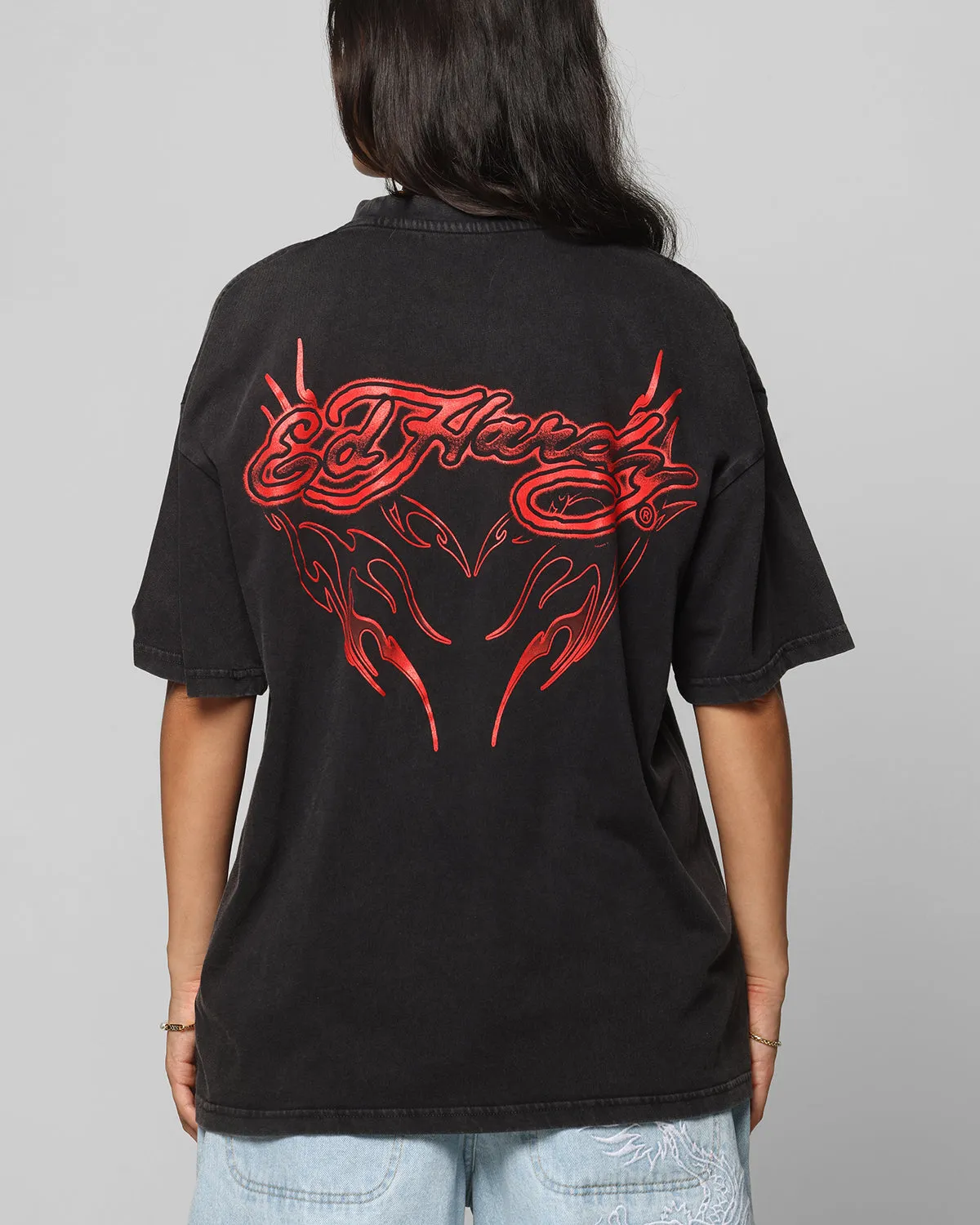 Slim Fit Cut Ed Hardy Tribal T-Shirt Black Acidwash