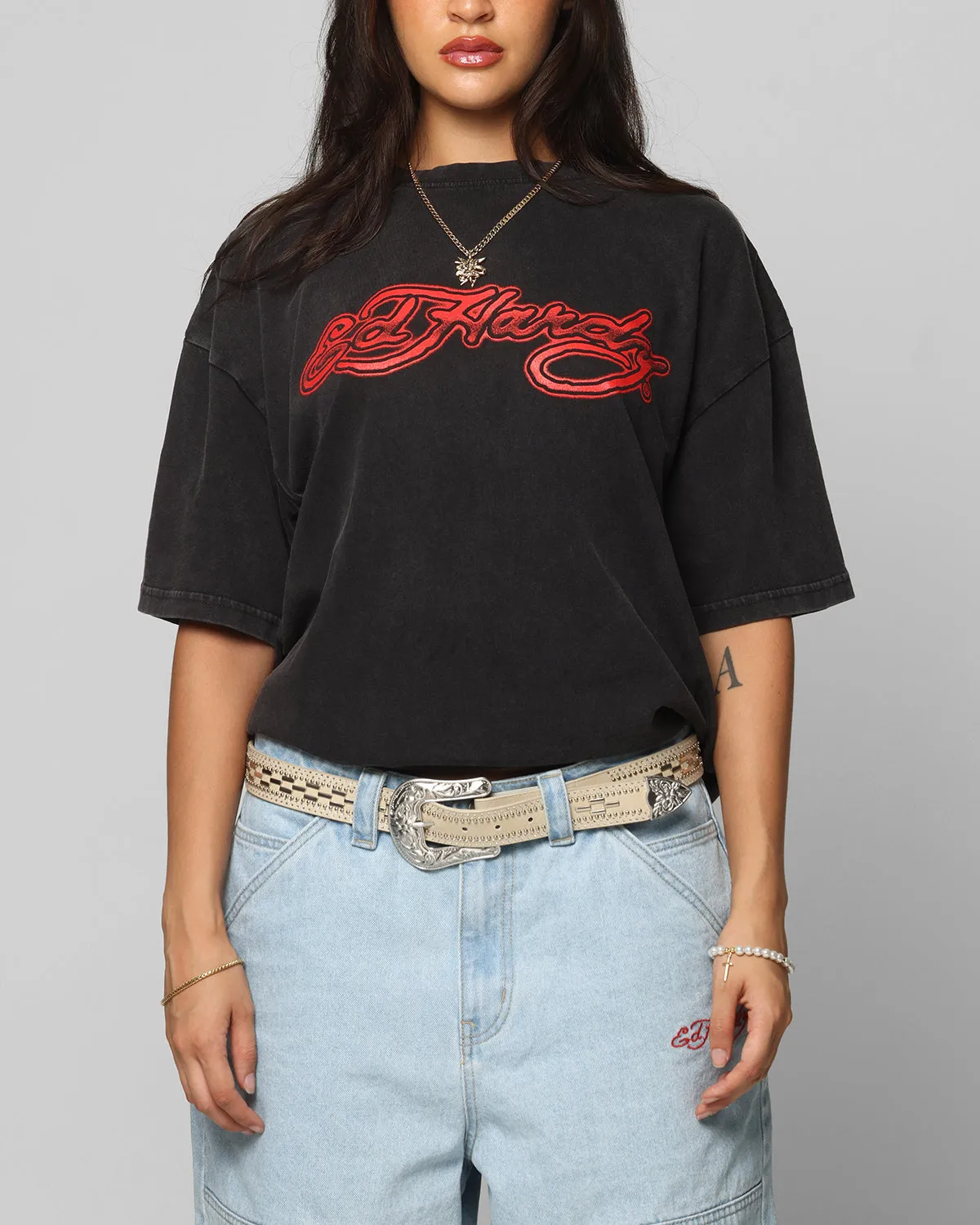 Ed Hardy Tribal T-Shirt Black Acidwash Quick Wear