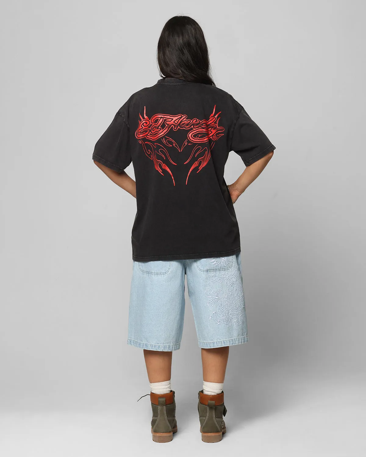 Ed Hardy Tribal T-Shirt Black Acidwash Timeless Comfort Wear