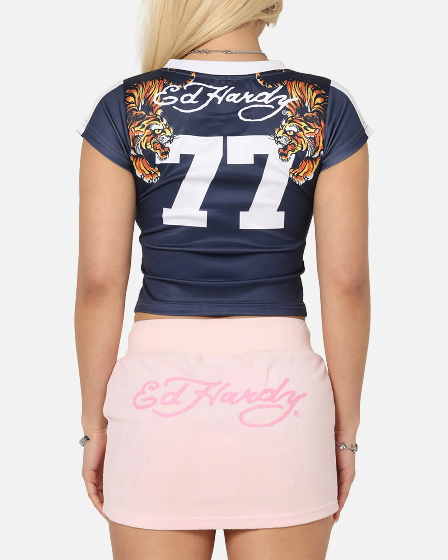 Ed Hardy Women's Football Baby T-Shirt Navy/White Street Trend Sporty Comfort