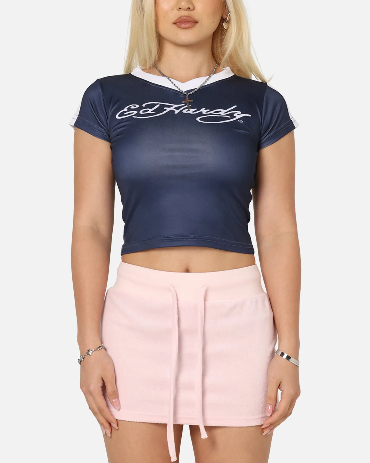 Ed Hardy Women's Football Baby T-Shirt Navy/White Subtle Embroidery