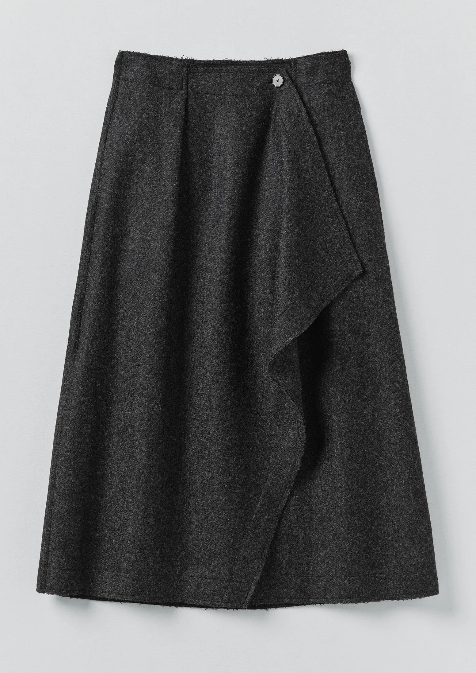 Elasticized Hem Tea length Boiled Wool Twill Wrap Skirt | Charcoal