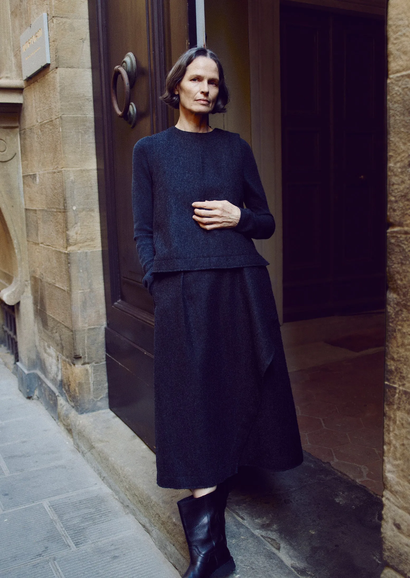 Contrast Stitching Boiled Wool Twill Wrap Skirt | Charcoal