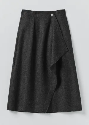 Elasticized Hem Tea length Boiled Wool Twill Wrap Skirt | Charcoal