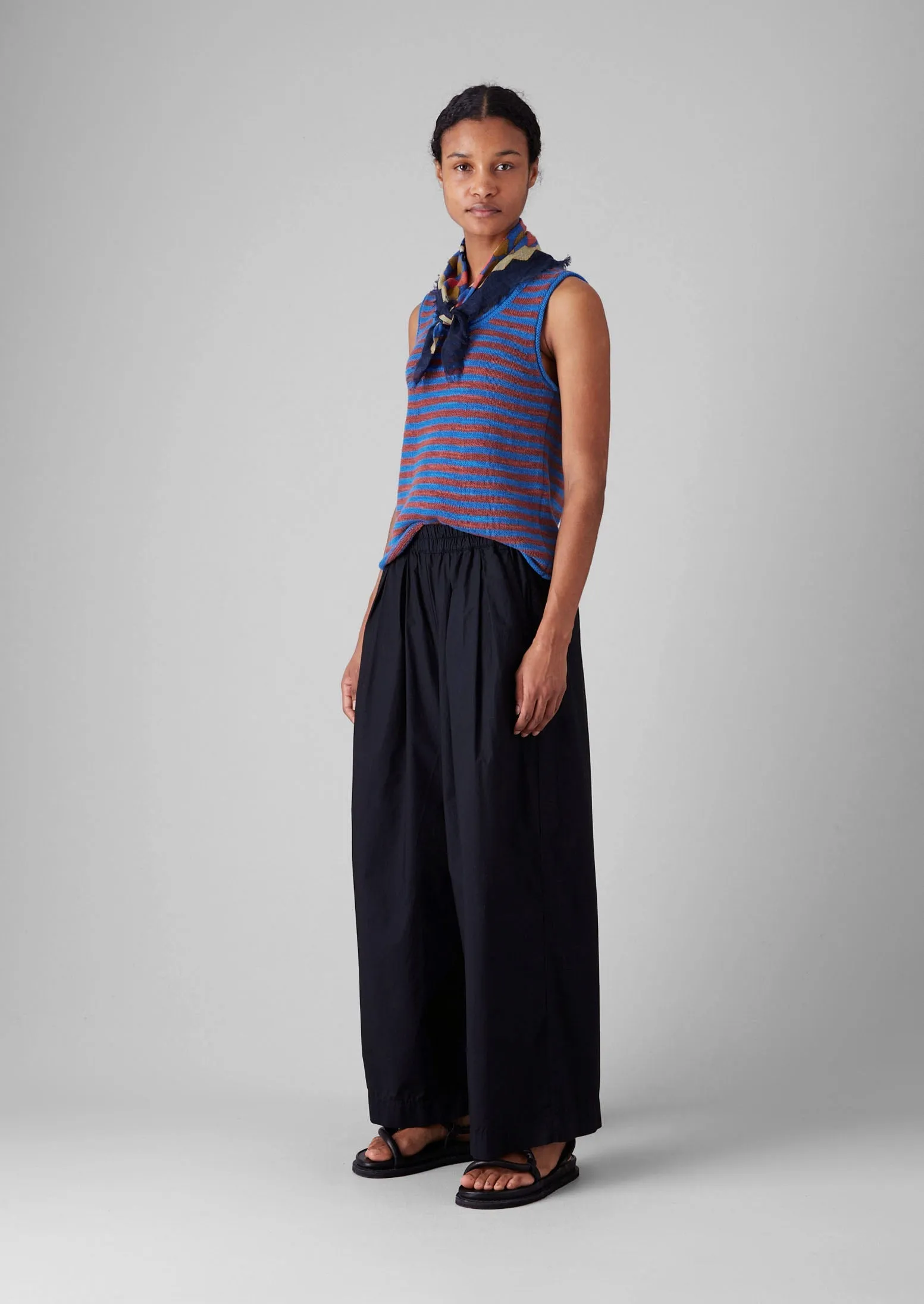 Pleated Cotton Poplin Pull On Pants | Ink Non Tapered Leg