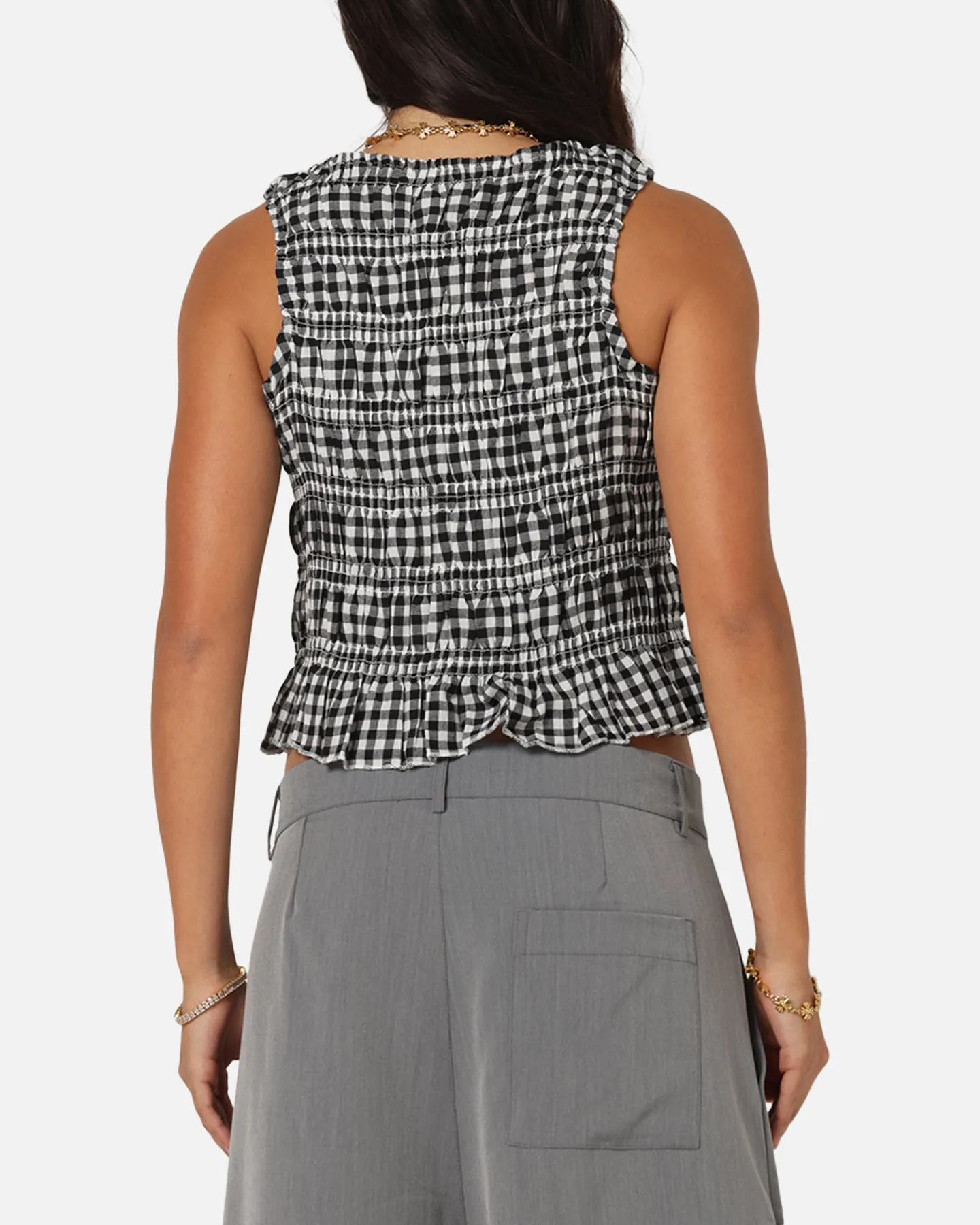 No Shrink Fabric Unisex Fit XXIII Women's Shirred Top Black Check