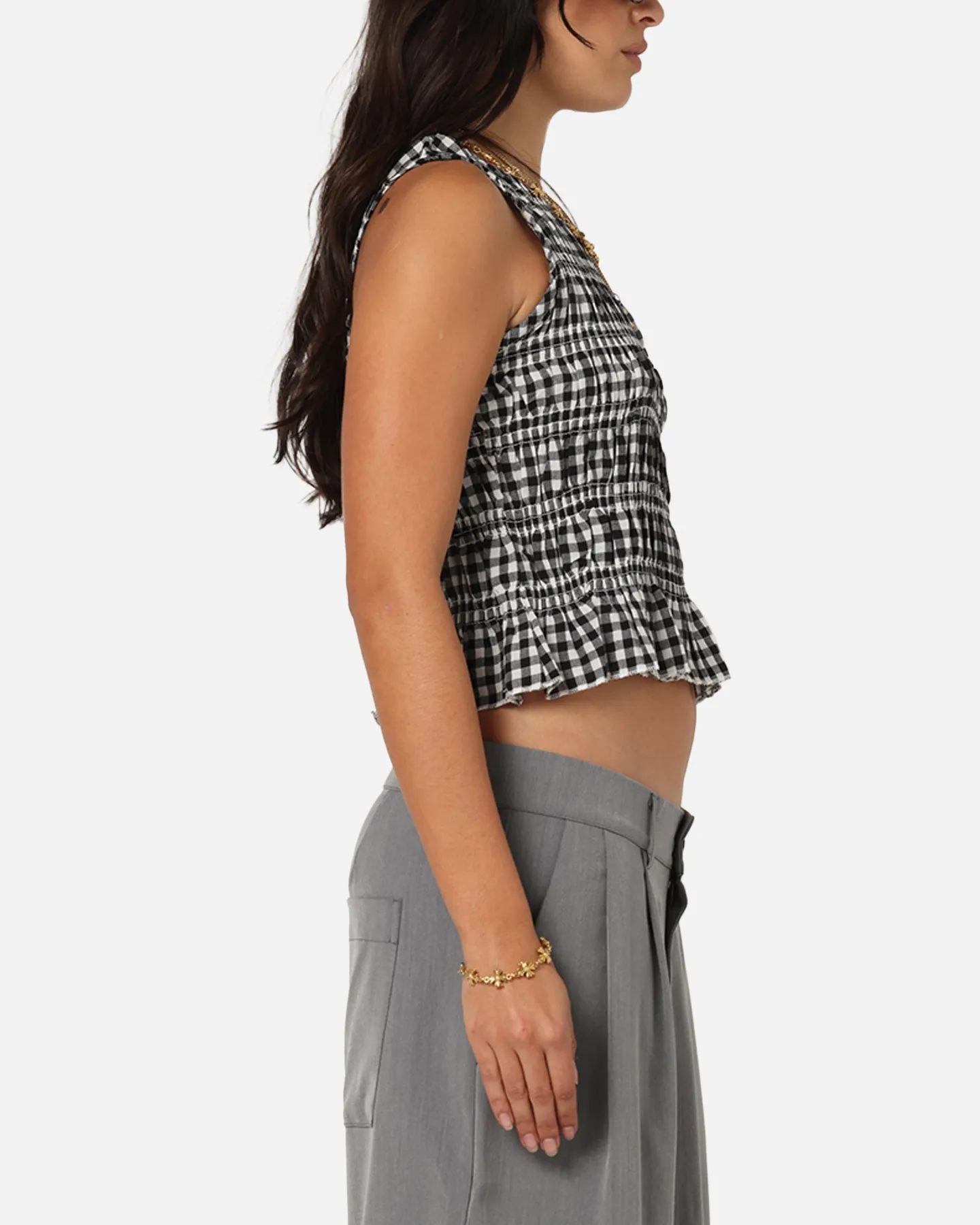 XXIII Women's Shirred Top Black Check Raw Edge Hem
