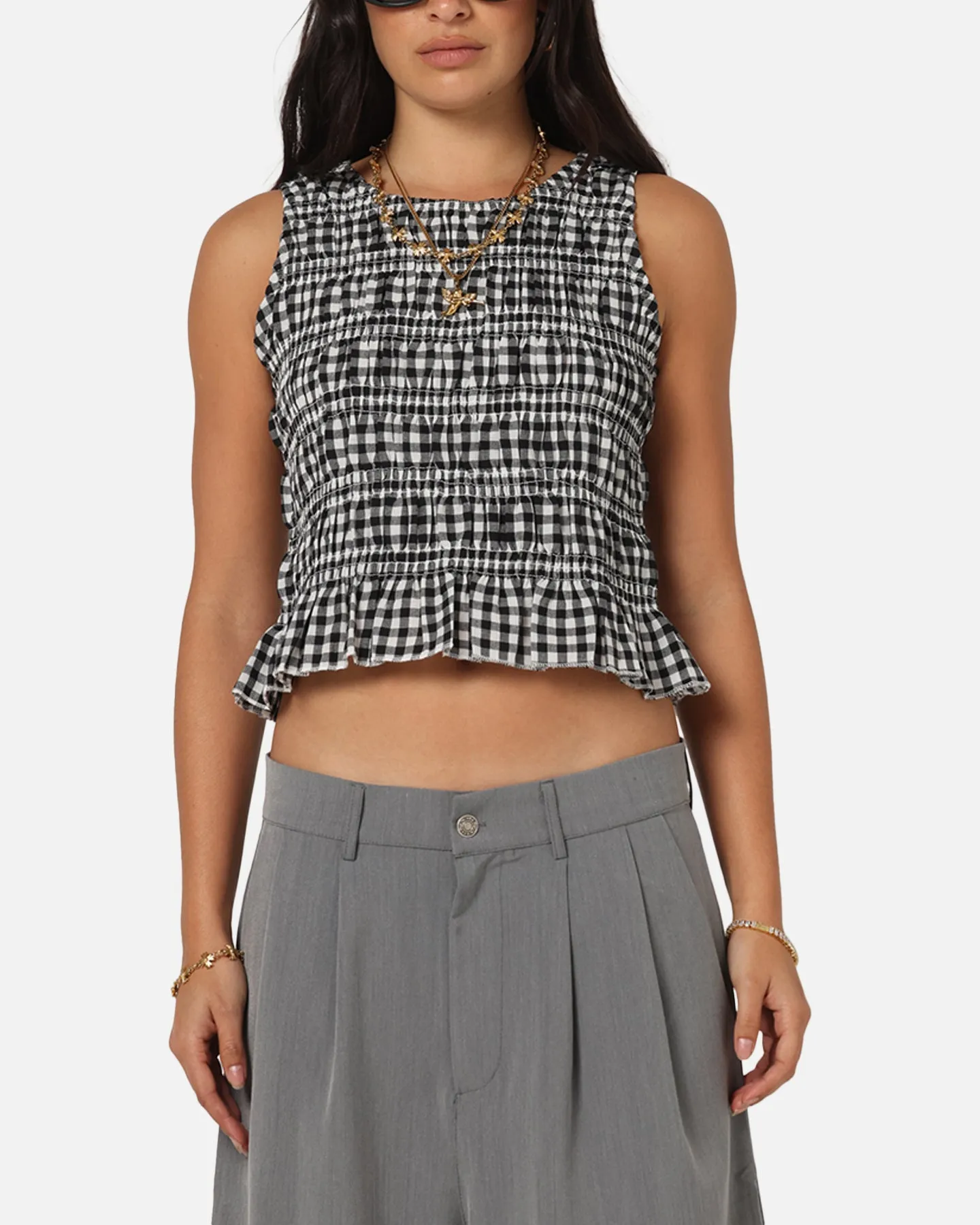 Organic Cotton Construction XXIII Women's Shirred Top Black Check