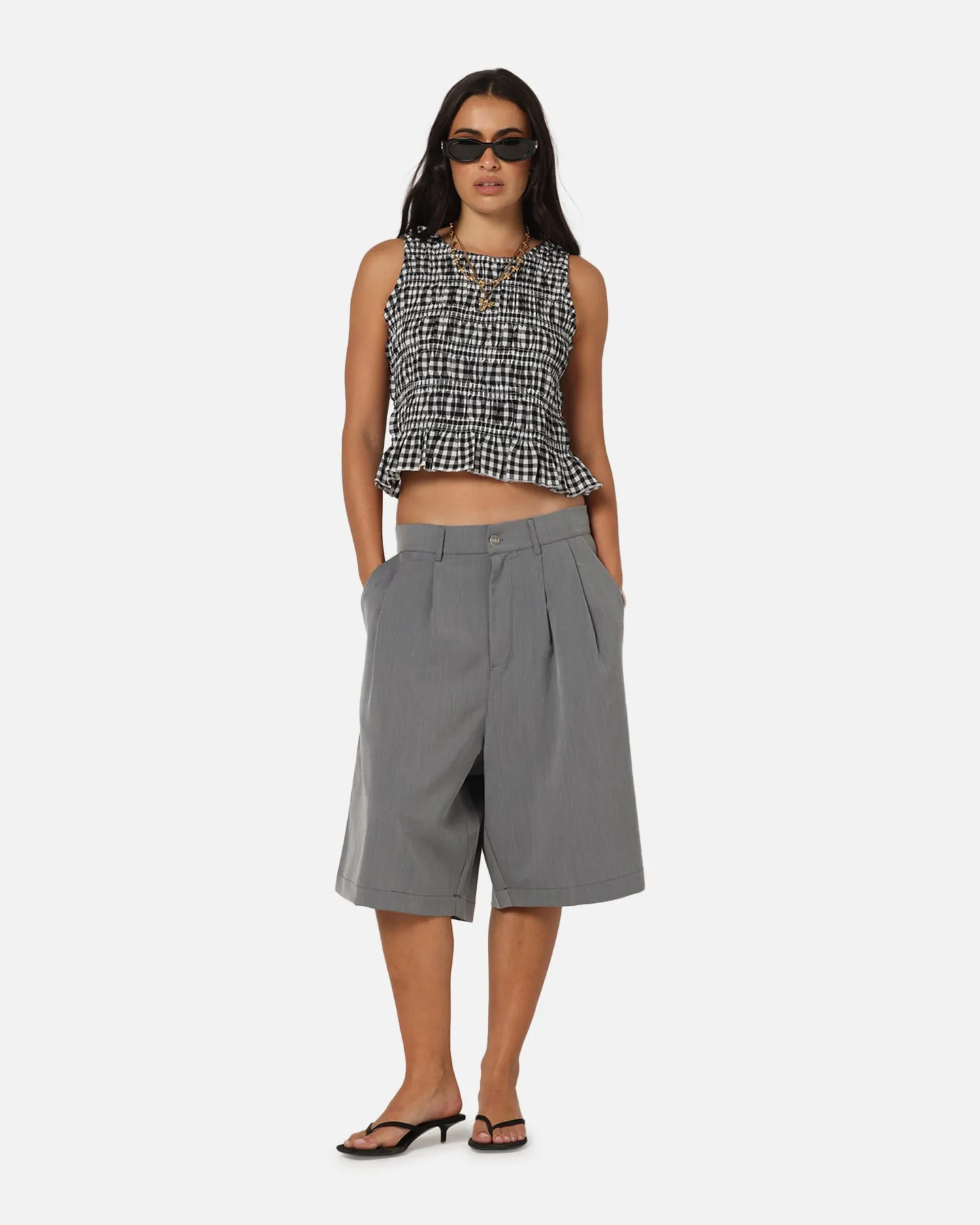 XXIII Women's Shirred Top Black Check Temperature Regulating Fabric Basic Layer