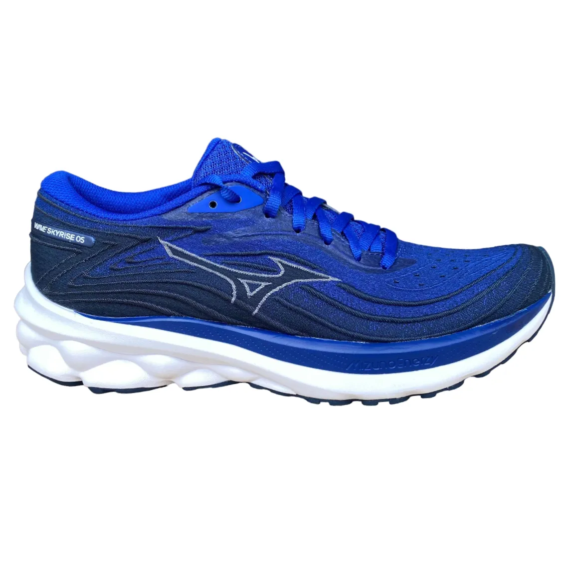 Mizuno scarpa da corsa da uomo Wave Skyrise 5 J1GC240903 azzurro blu bianco Unibody Sole Construction Engineered Knit