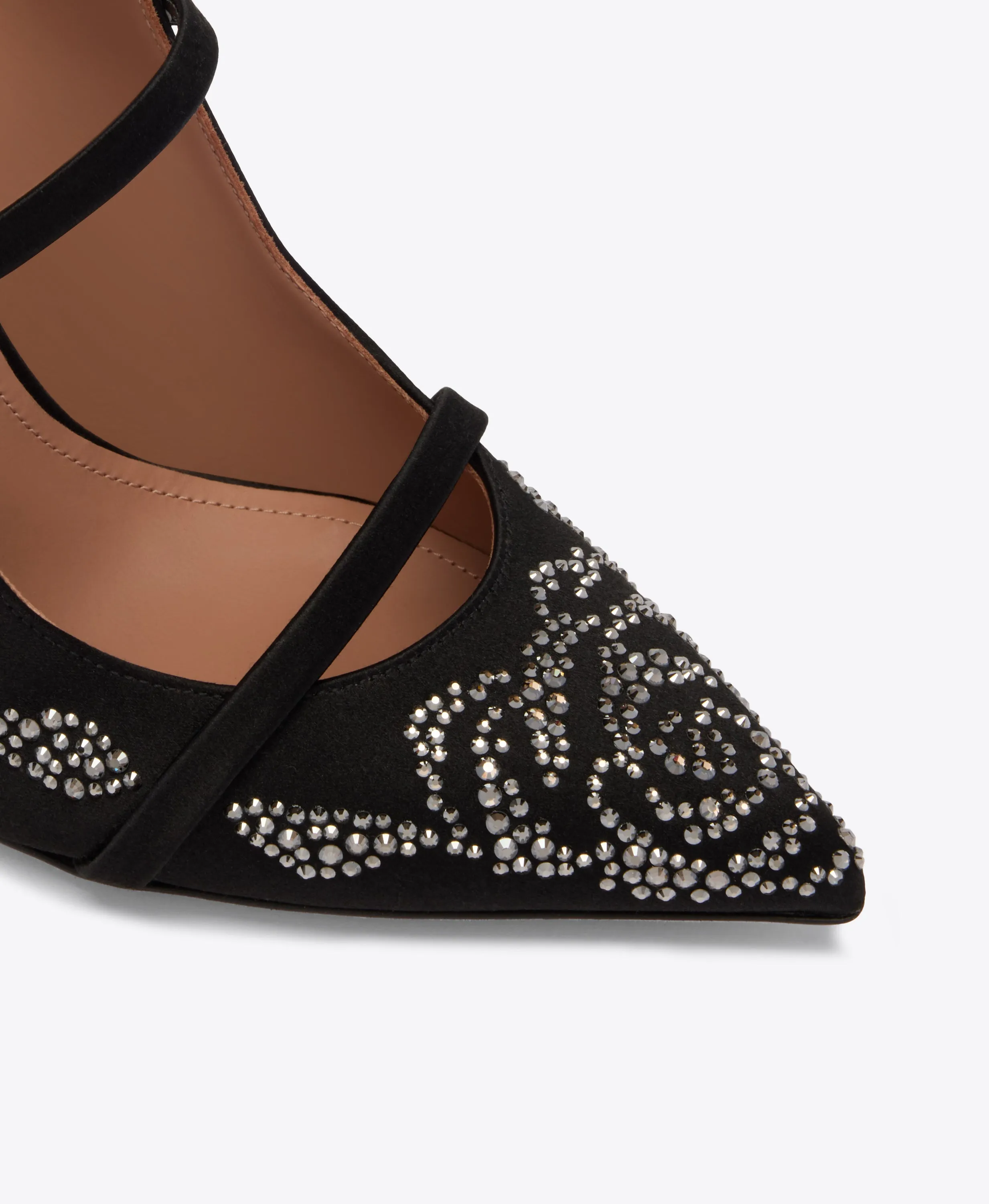 Contoured Footbed Maureen 100 Black Satin Rose Crystal Mules