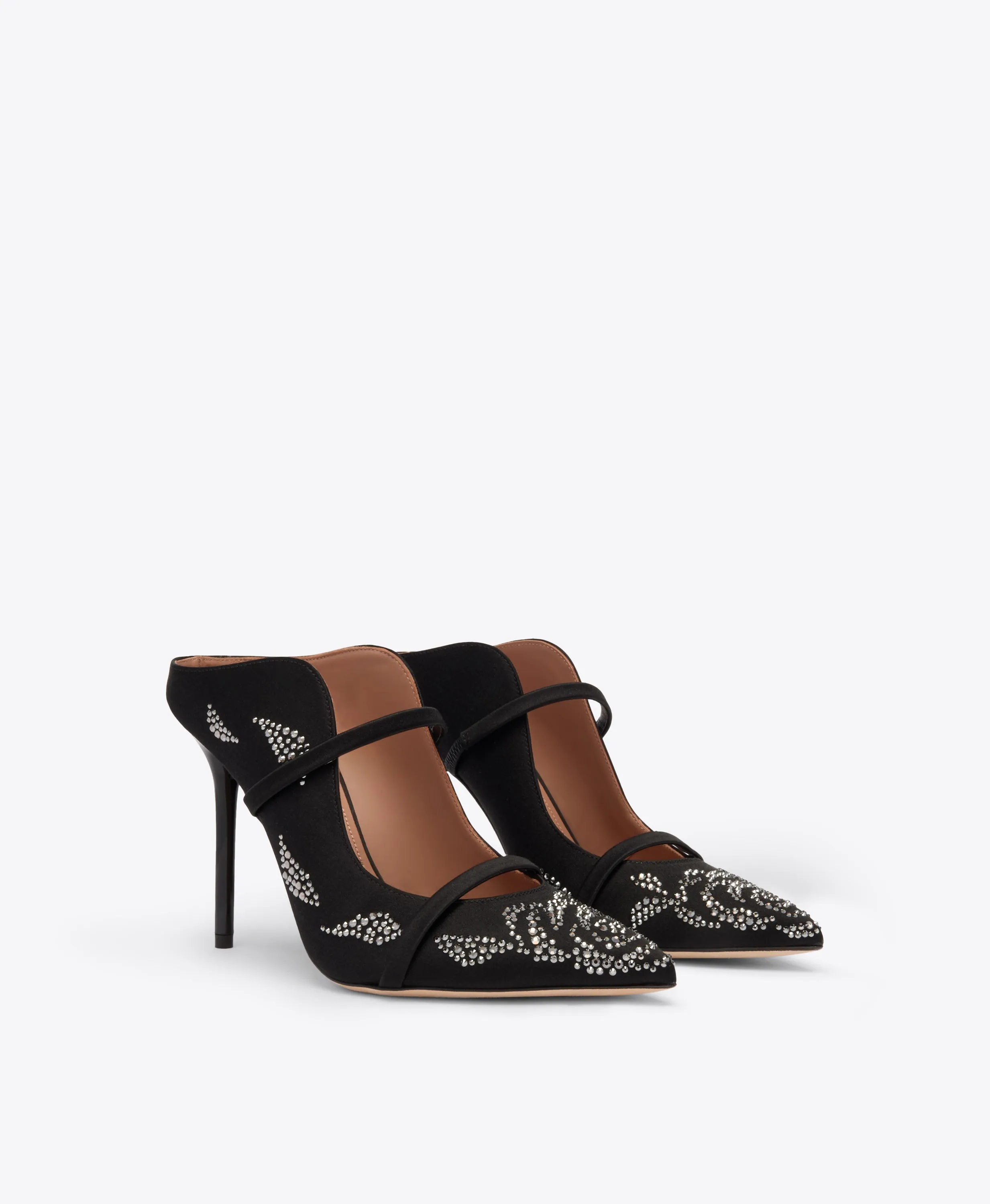 Adjustable Straps Laser cut Maureen 100 Black Satin Rose Crystal Mules