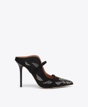 Maureen 100 Black Satin Rose Crystal Mules Statement Heels