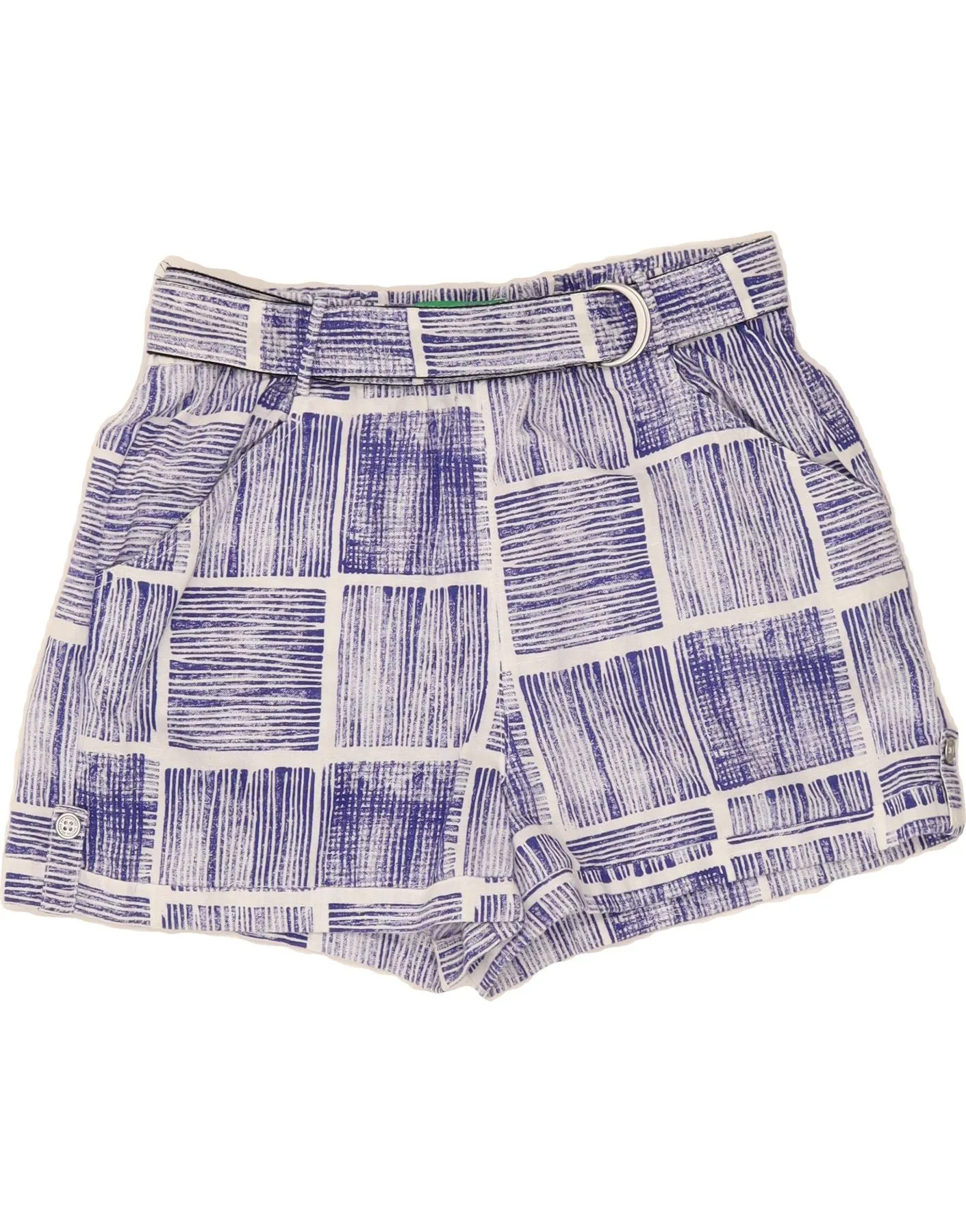 Stay Flexible Quick Fit Design BENETTON Womens High Waist Hot Pants Medium W30 Blue Geometric Linen