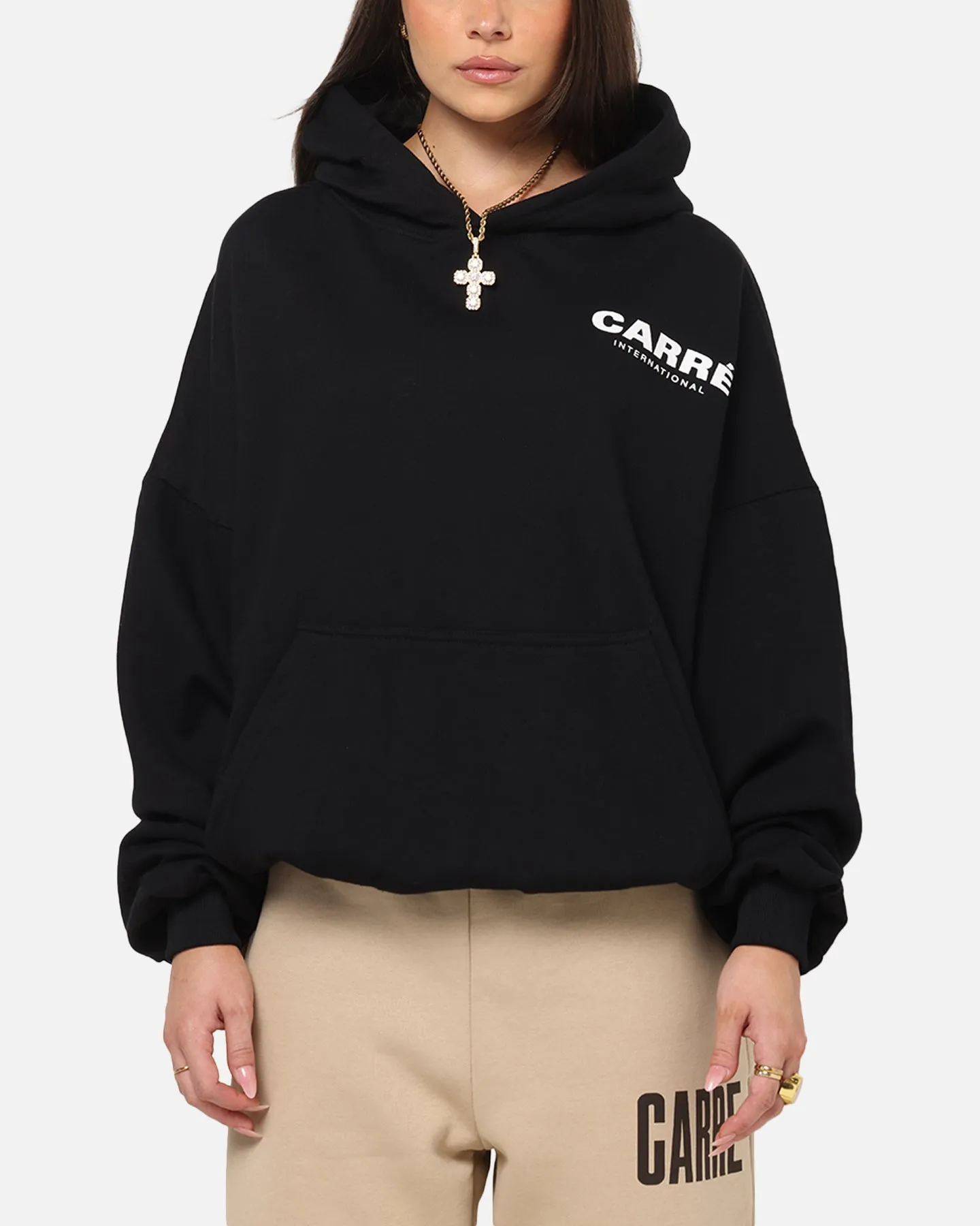 Seamless Side Construction Carre International Hoodie Black