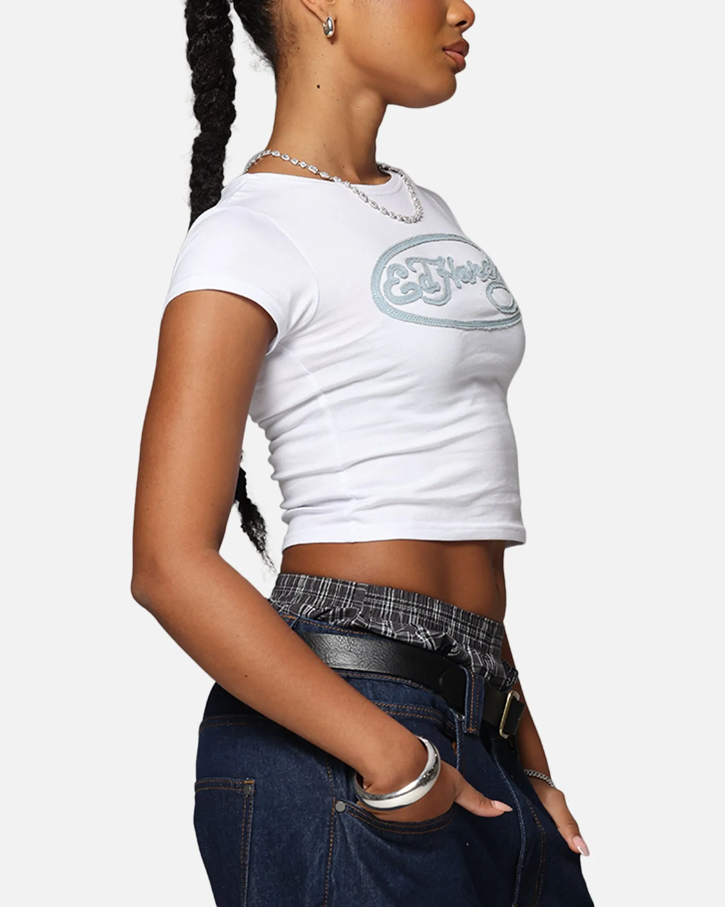 Unisex Fit Scoop neck femininity Ed Hardy Women's Distressed Logo Baby T-Shirt White