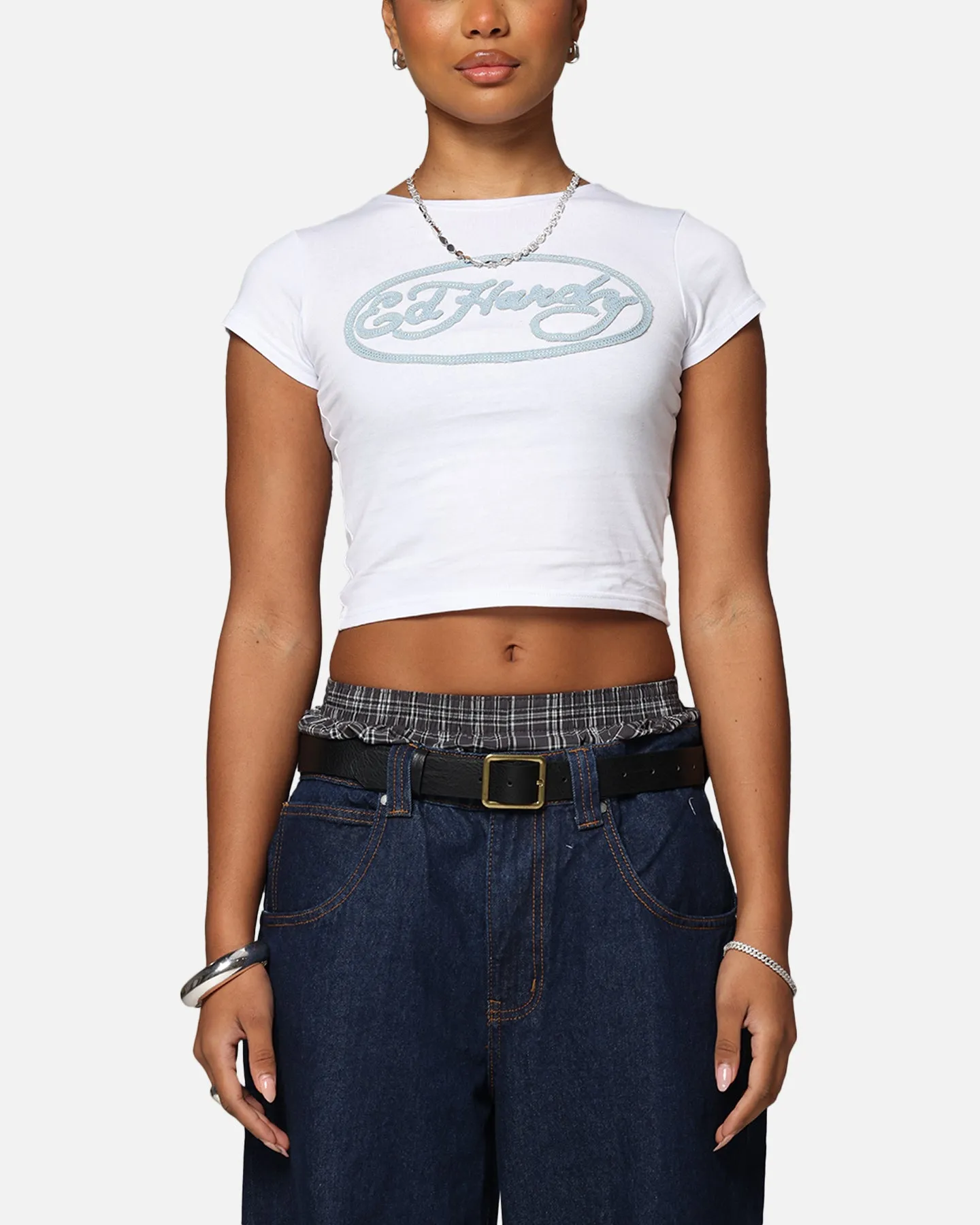 Ed Hardy Women's Distressed Logo Baby T-Shirt White All-Purpose Wear men's clothing