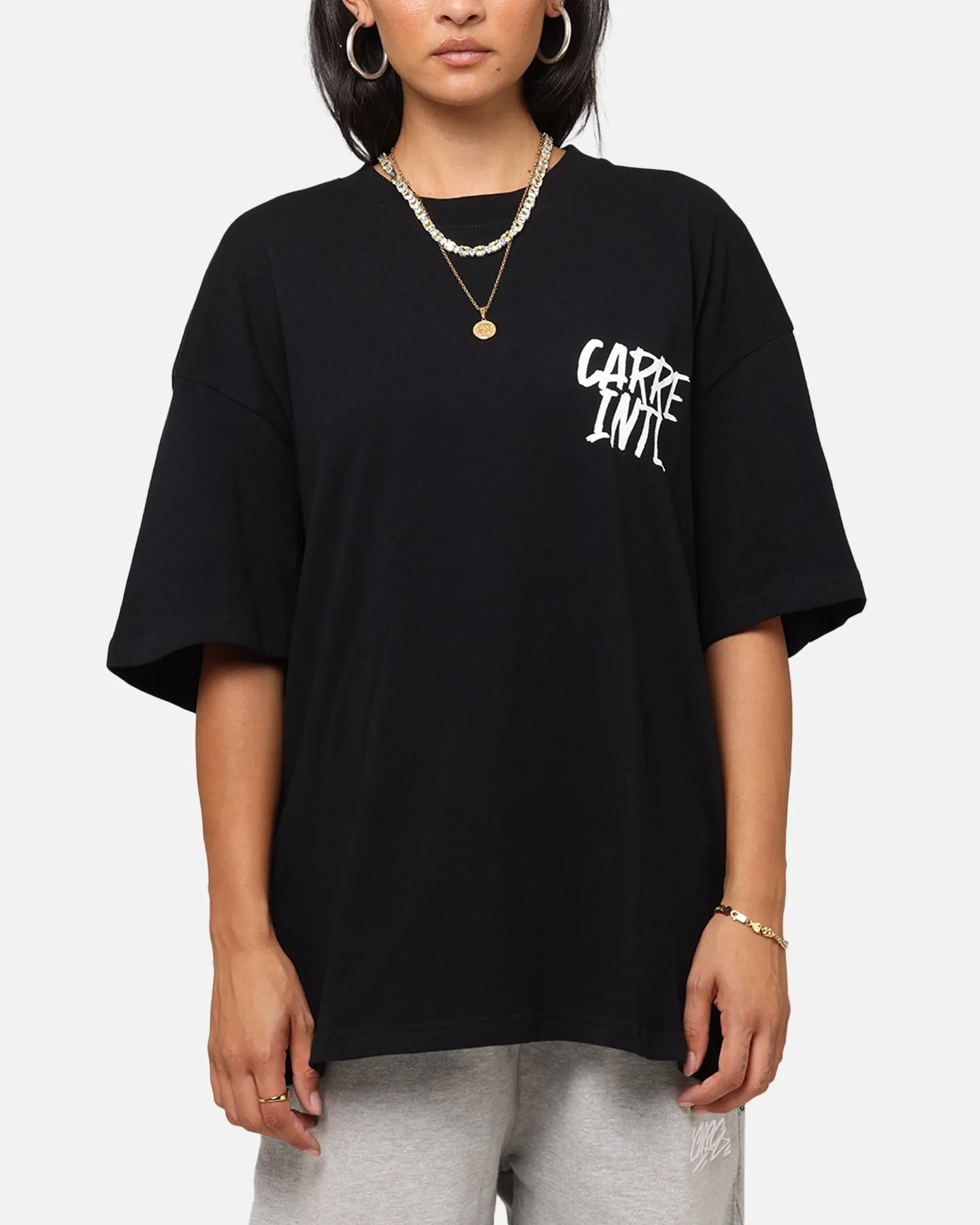 Ribbed collar Carre Intl Drop Shoulder T-Shirt Black