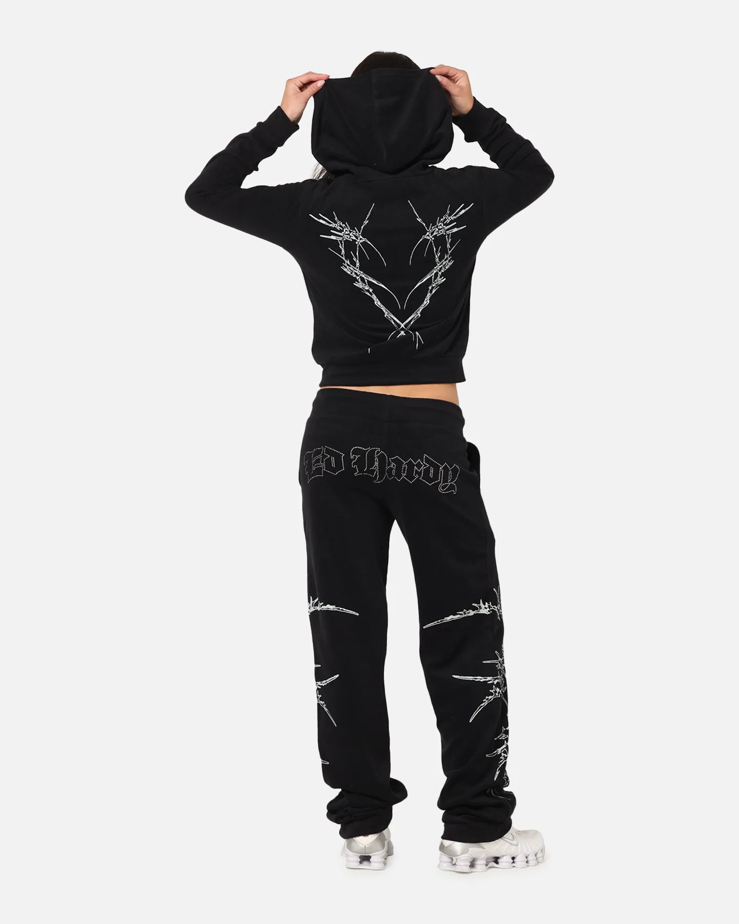 Ed Hardy Women's Raver Cropped Hoodie Black Thermal Regulating Fabric Soft Fleece Lining