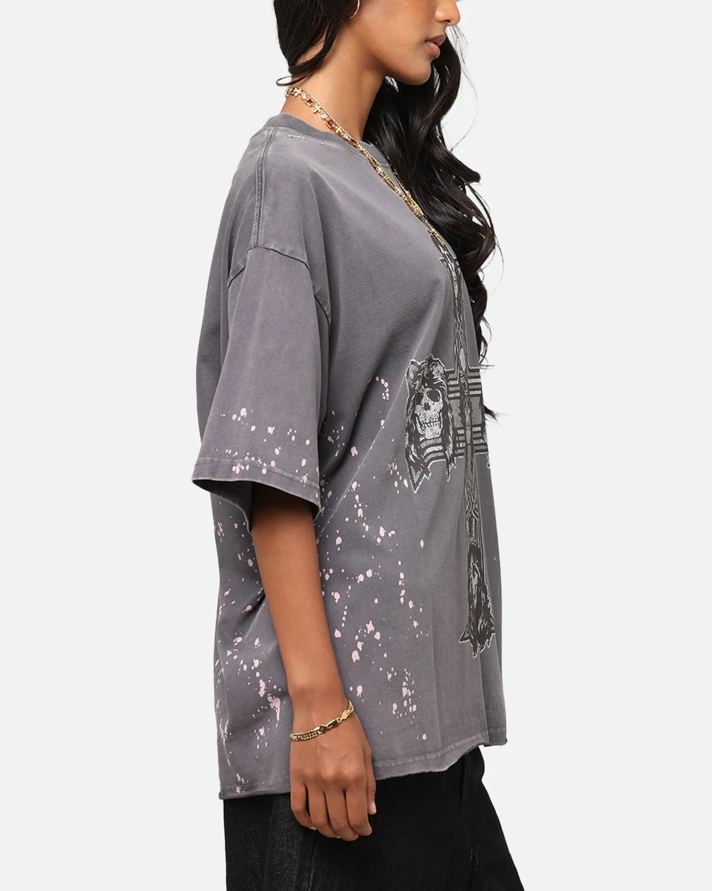 Guns N Roses Guns Cross T-Shirt Washed Black Versatile Layering Piece Animal print wildness