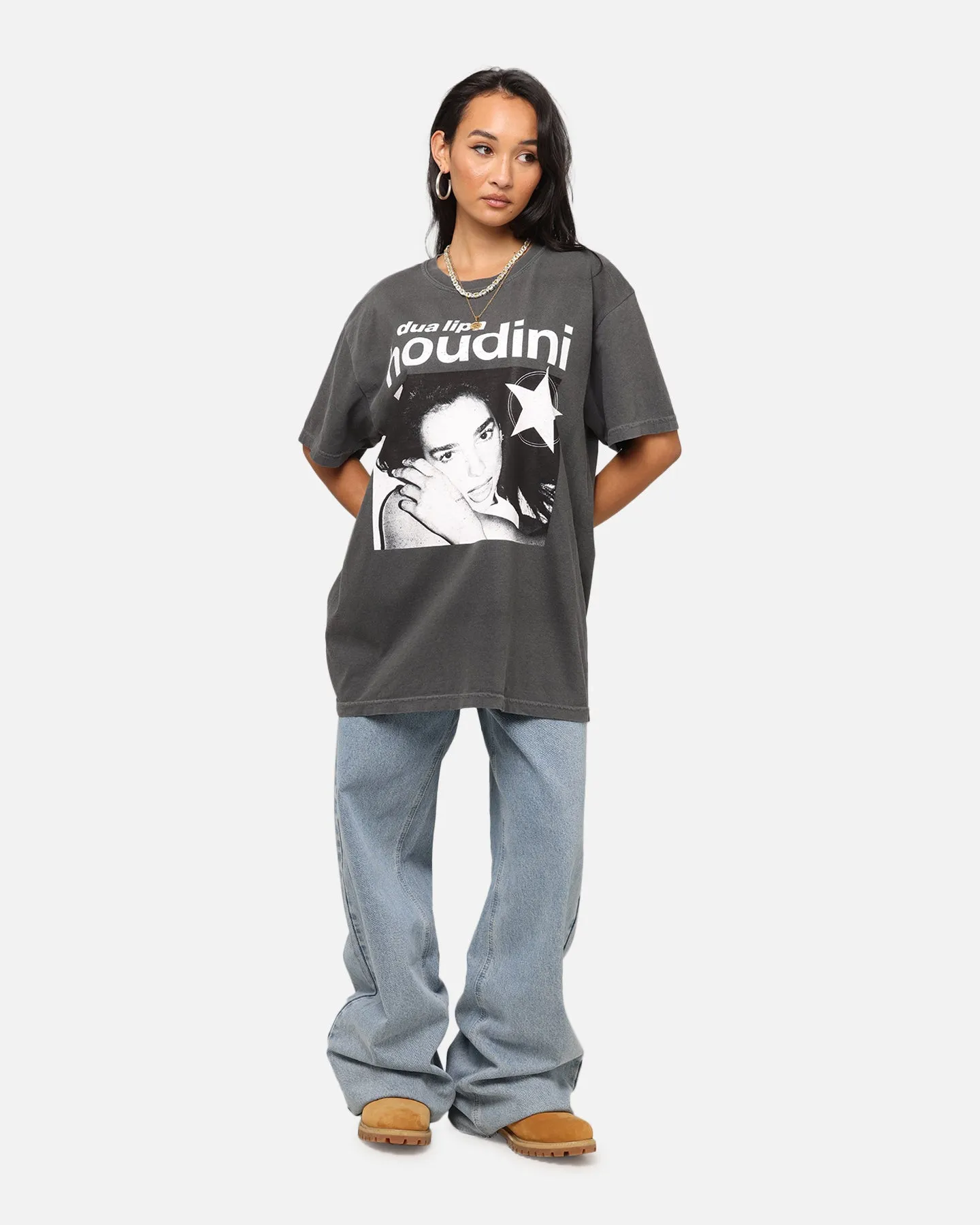 Non Iron Fabric Flexible Collar Dua Lipa Houdini T-Shirt Faded Black