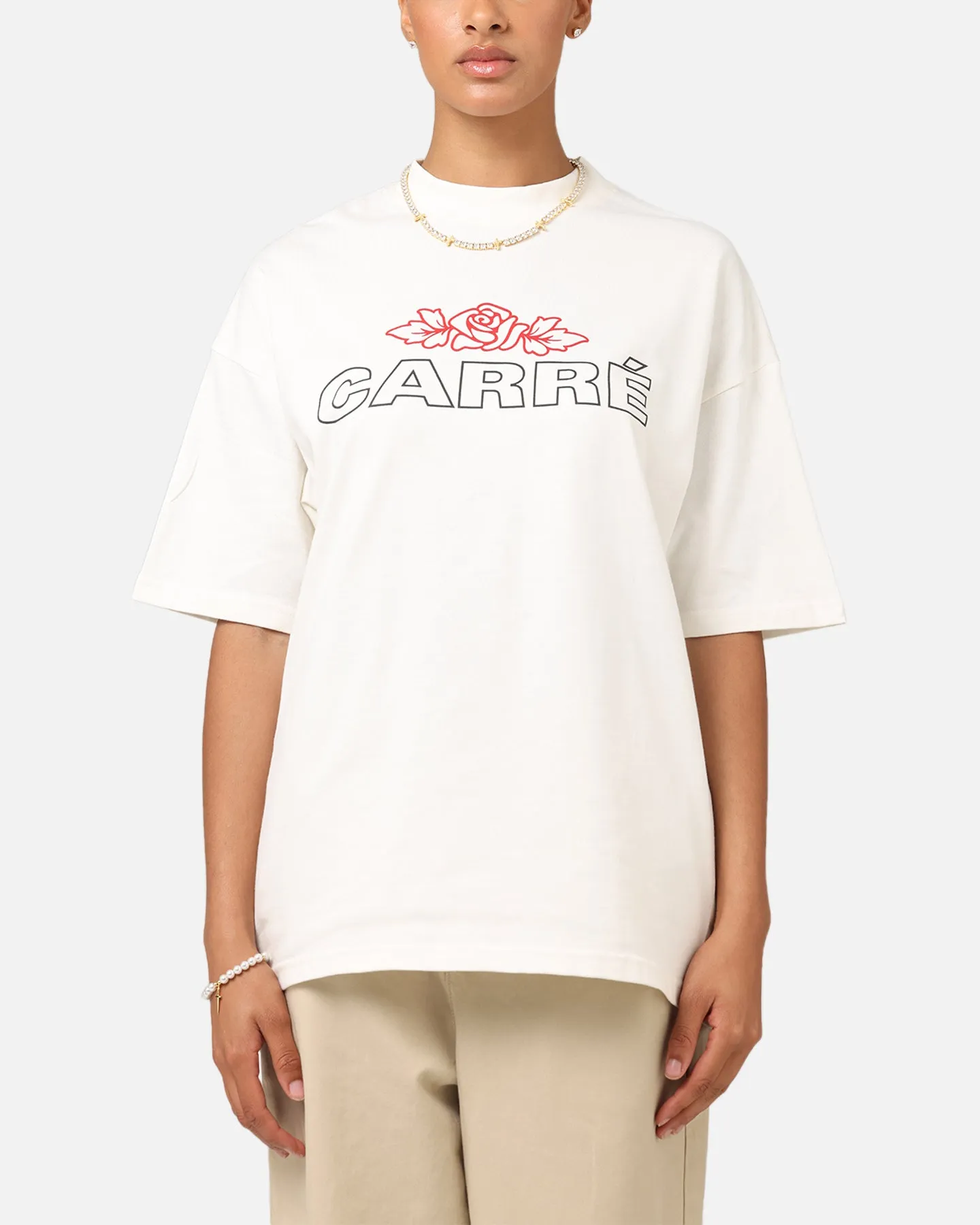 Versatile Design Carre Rosebud Mock Neck T-Shirt Off White
