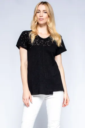 Shrunken Crew Lace Yoke Short Sleeve Shifted Center Front Modern Style