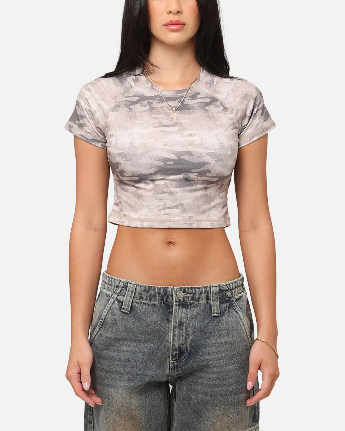XXIII Women's Boiler Room Crop T-Shirt Desert Camo Easy Care Fabric