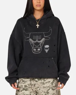 Mitchell & Ness Chicago Bulls Distressed Rhinestone Logo Hoodie Faded Black Glittery accents