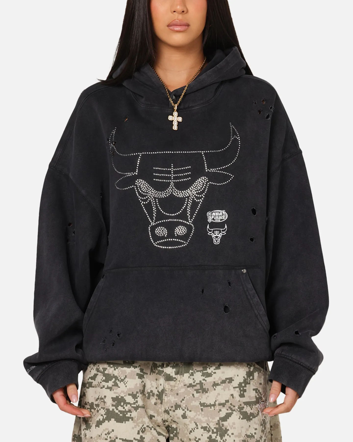 Mitchell & Ness Chicago Bulls Distressed Rhinestone Logo Hoodie Faded Black Glittery accents