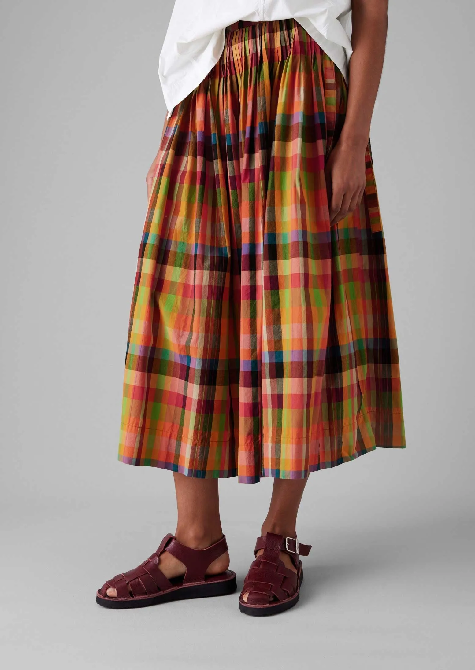 Striped Design Seamless Edging Pleated Check Cotton Skirt | Bright/Multi
