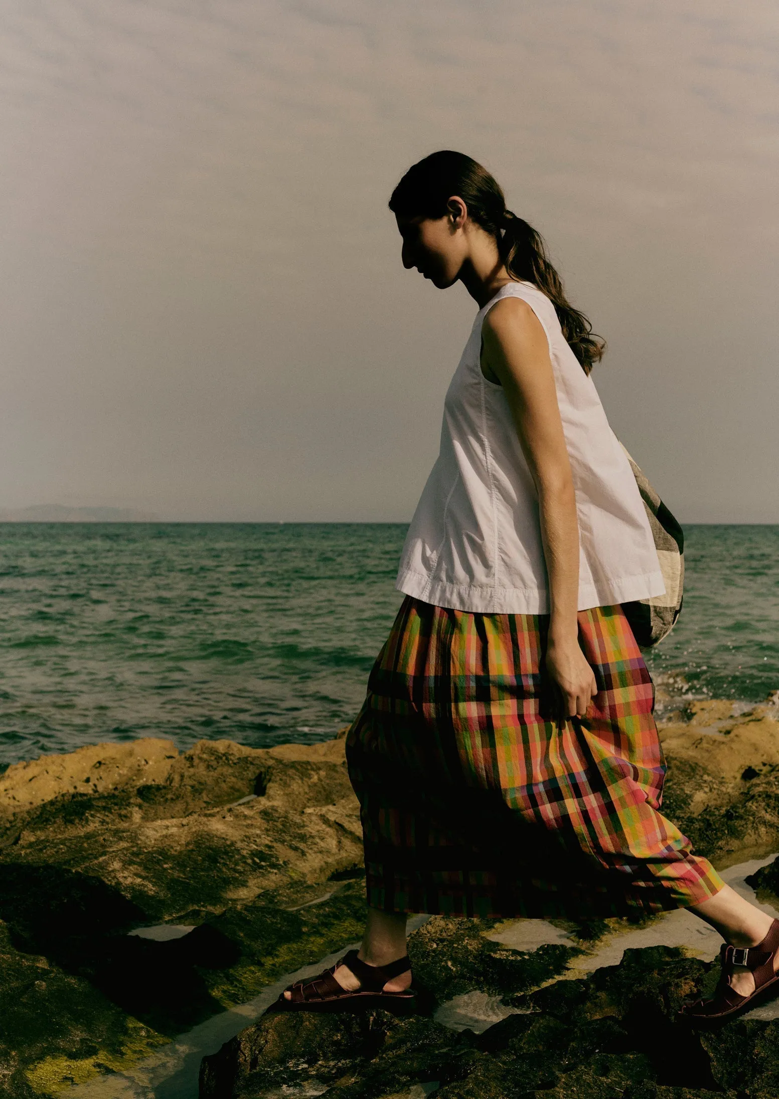 Pleated Check Cotton Skirt | Bright/Multi Neutral Tones Designer Label