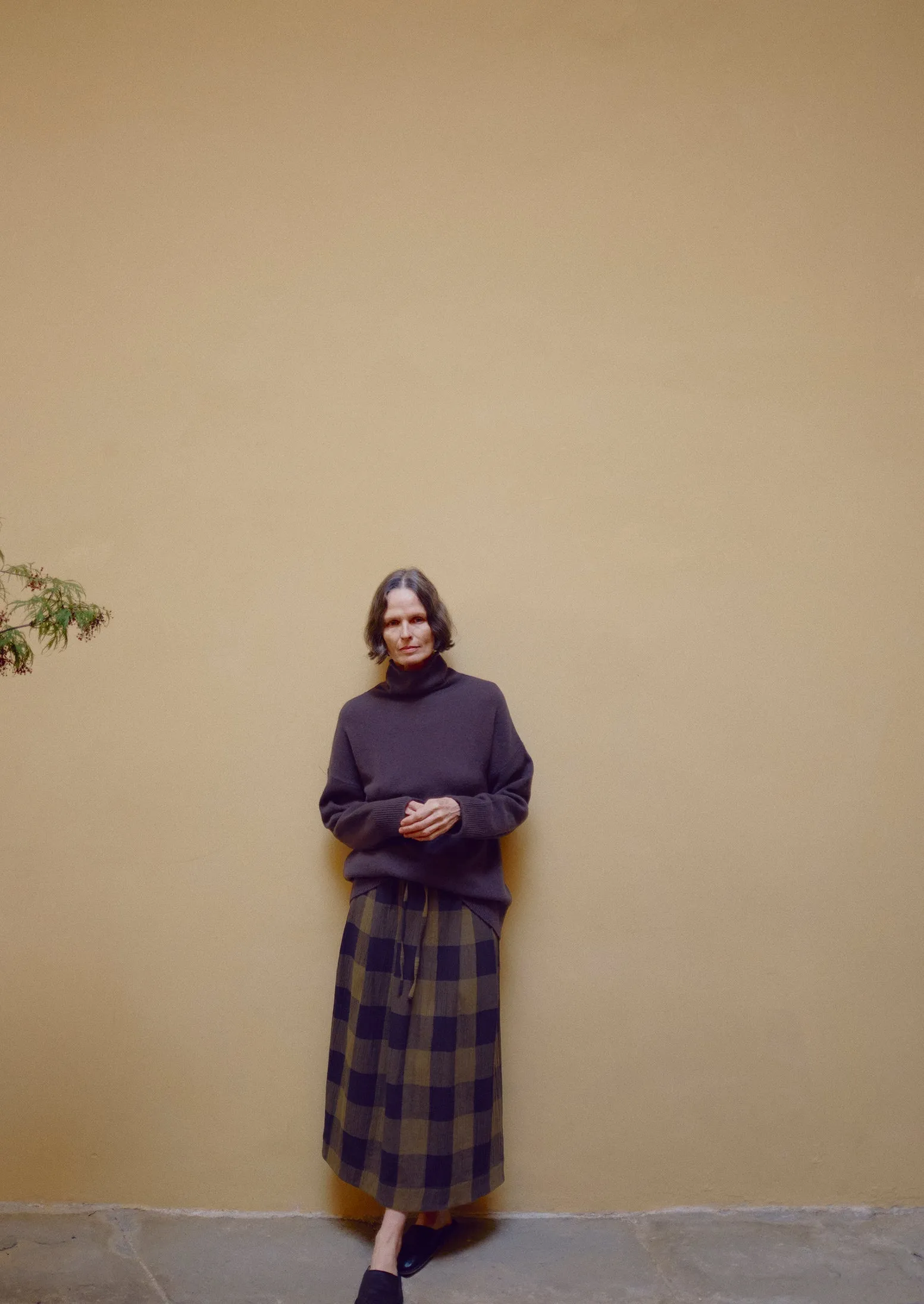 Crinkle Cotton Macro Gingham Skirt | Olive/Black Neutral Tones