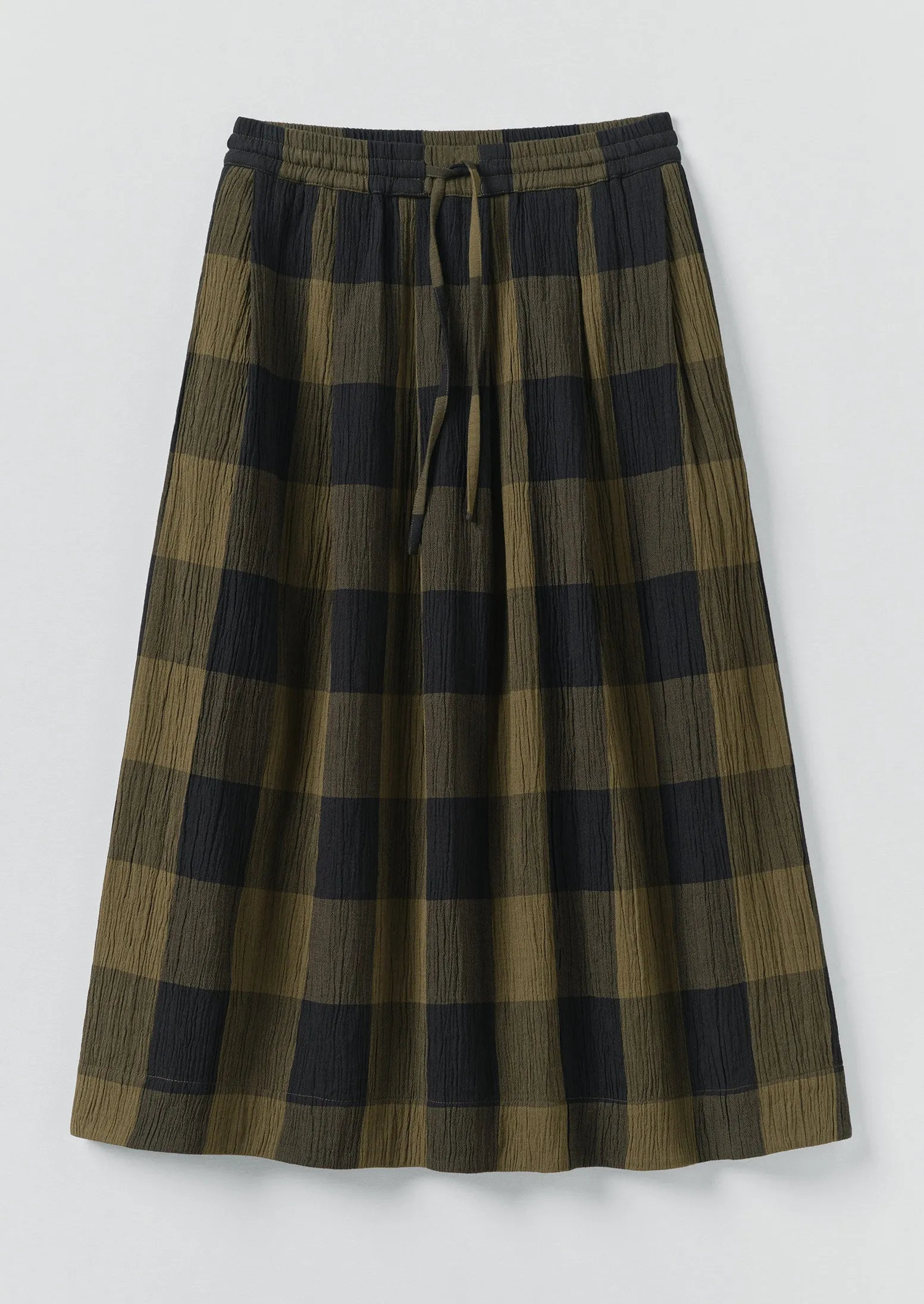 Crinkle Cotton Macro Gingham Skirt | Olive/Black light colors Smart Texture