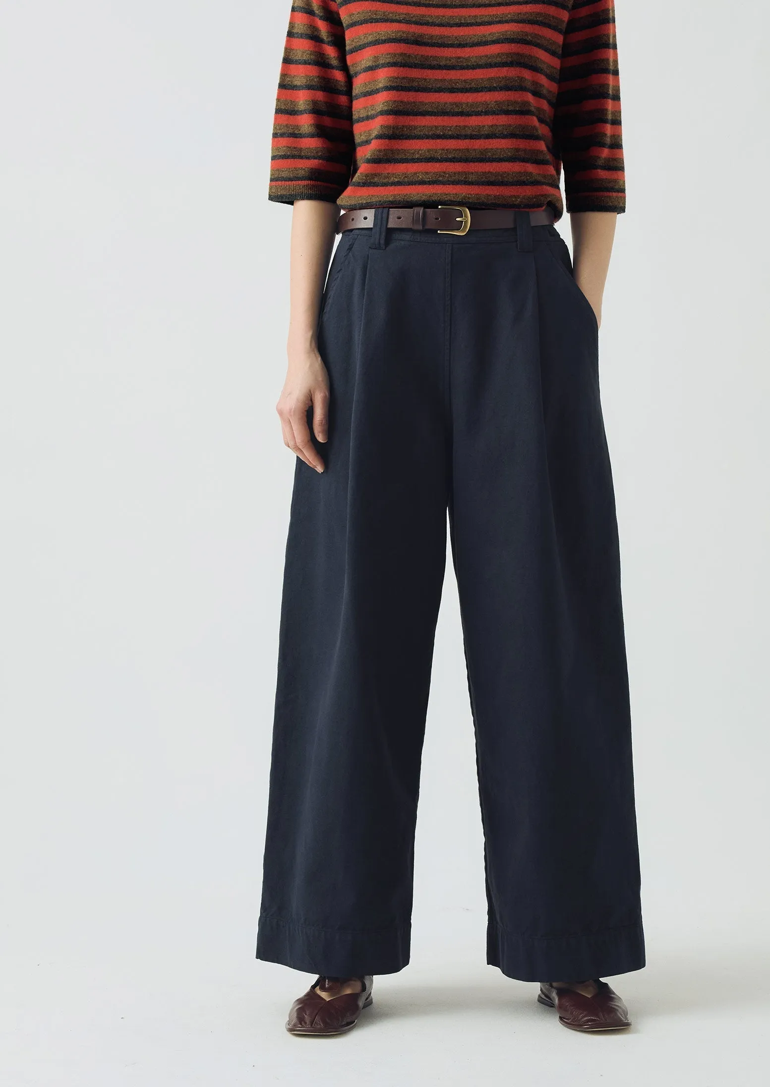 Cotton Canvas Pleat Front Pants | Blue Navy Timeless Wear