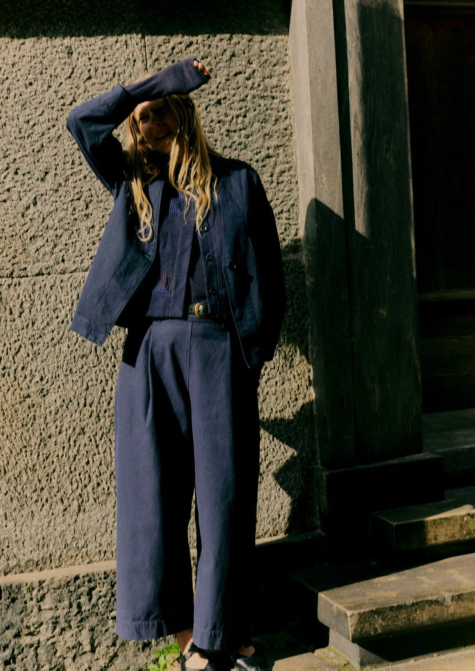 Cotton Canvas Pleat Front Pants | Blue Navy HighDensityWeave Ripstop Texture