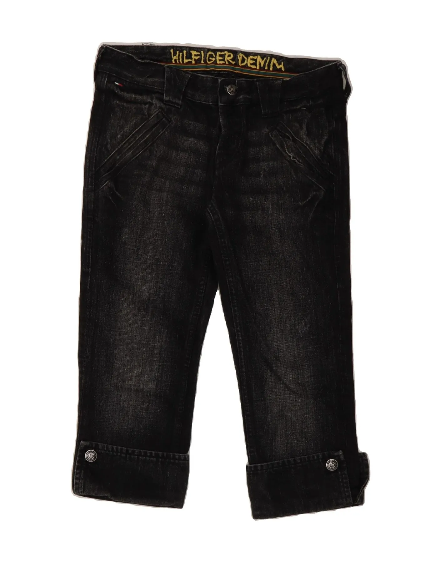 Wrinkle Free Fabric Sport Edge TOMMY HILFIGER Womens Denim Bermuda Shorts W28 Medium Black Cotton
