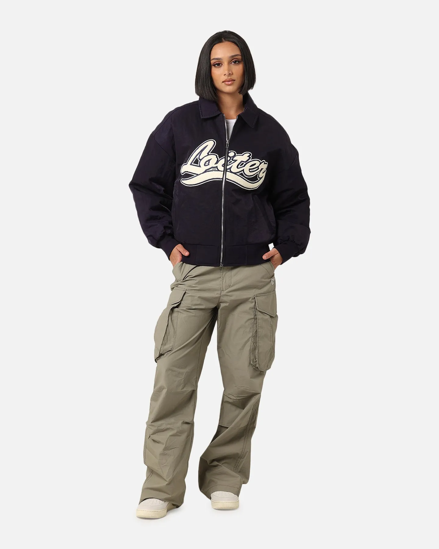 Loiter Pitch Varsity Jacket Navy Taped Zippers