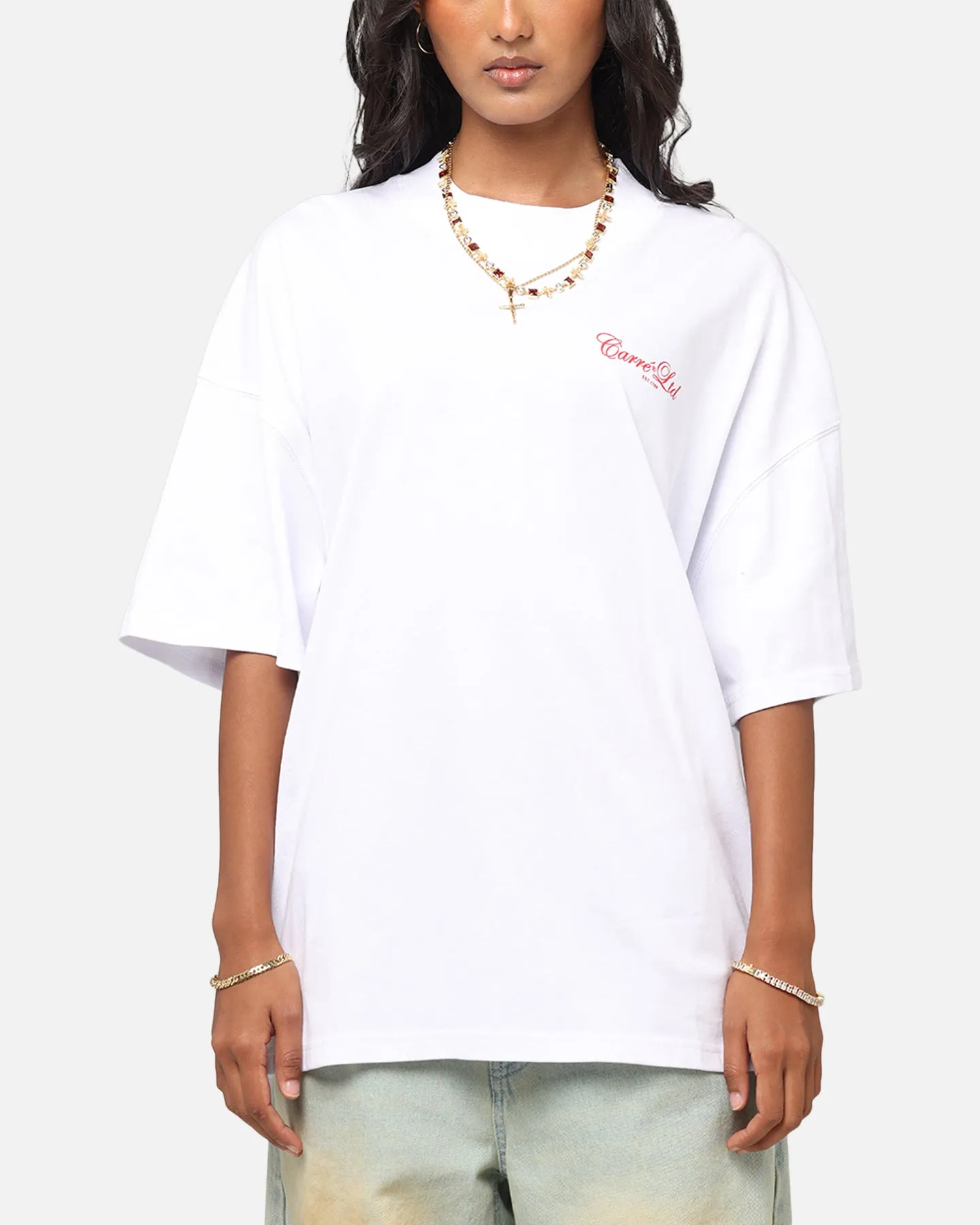 Carre Side Script Oversized T-Shirt White/Red Reinforced Neckline easy to pair