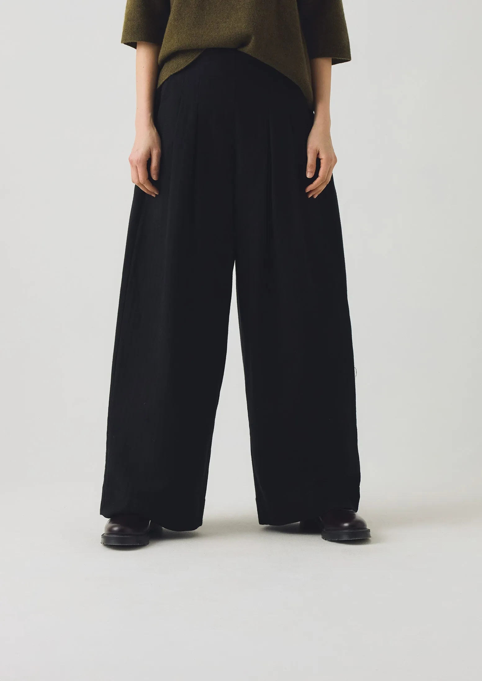 Corinne Wool Cotton Herringbone Wide Leg Pants | Black Tapered Look Slim Stretch