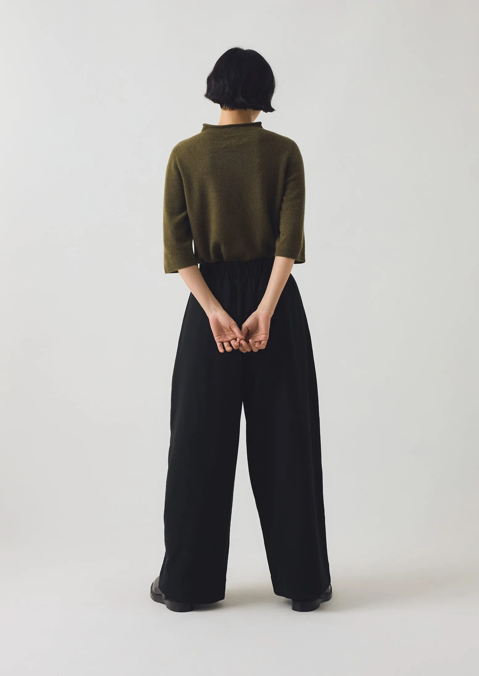 Cozy Stretch Fit Corinne Wool Cotton Herringbone Wide Leg Pants | Black