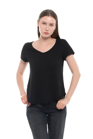 S/S Shrunken V-Nk Shirttail Top w/Raw Hem Layered Hem Design