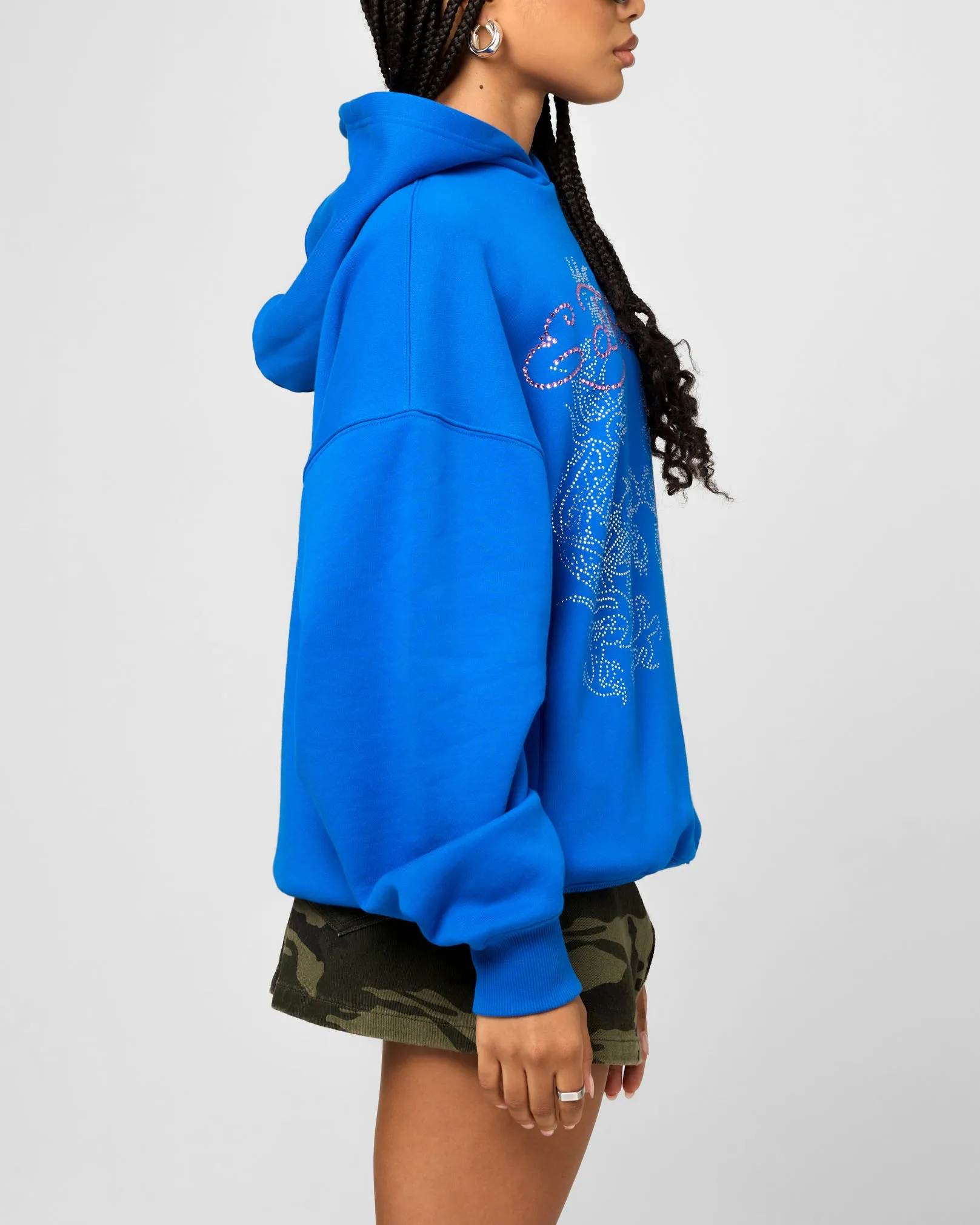 Premium Cotton Fleece Vegan Leather Ed Hardy Rhinestone Dragon Hoodie Blue
