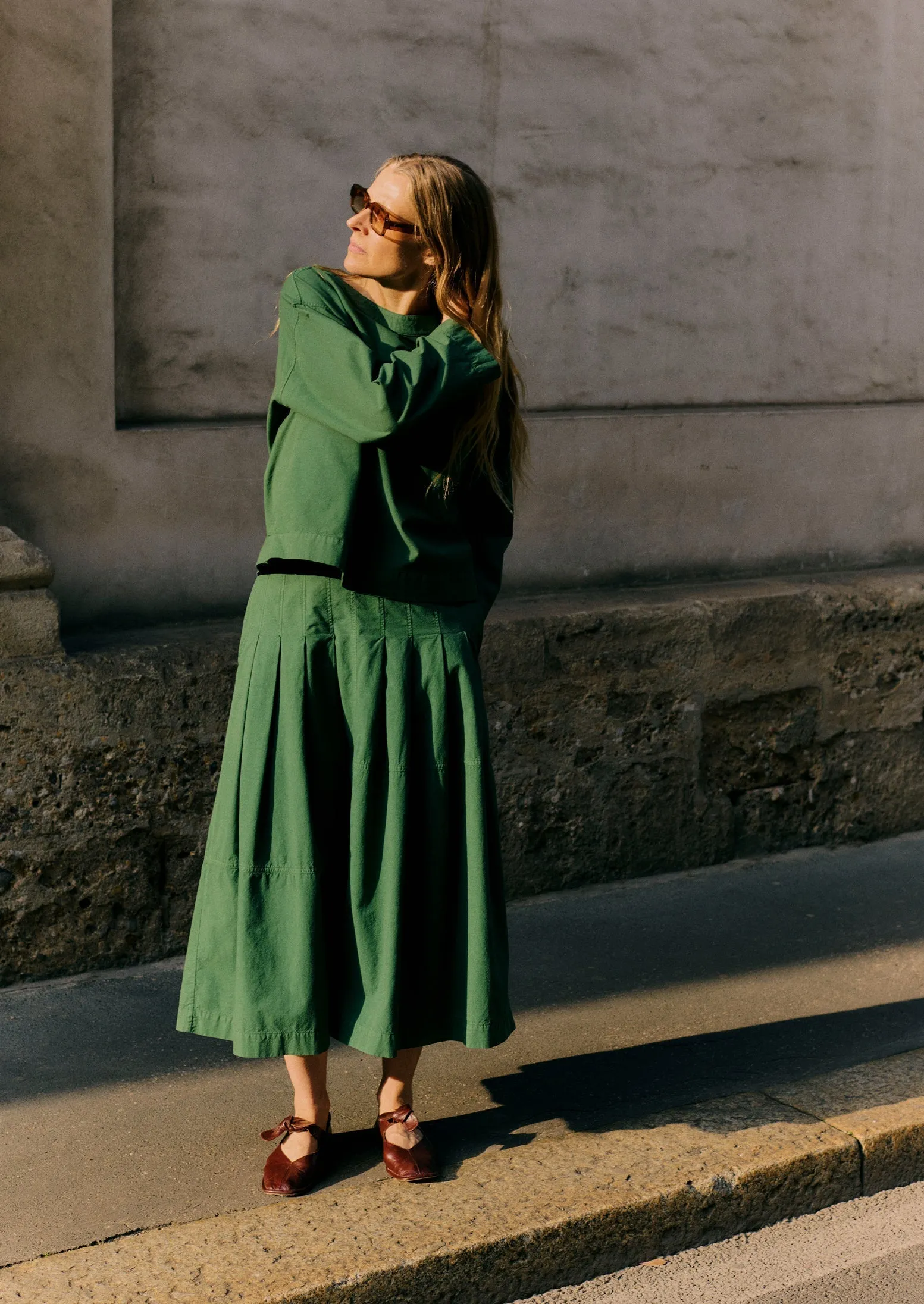 Cozy Outfit Smooth Edging Panelled Cotton Linen Poplin Skirt | Forest Green