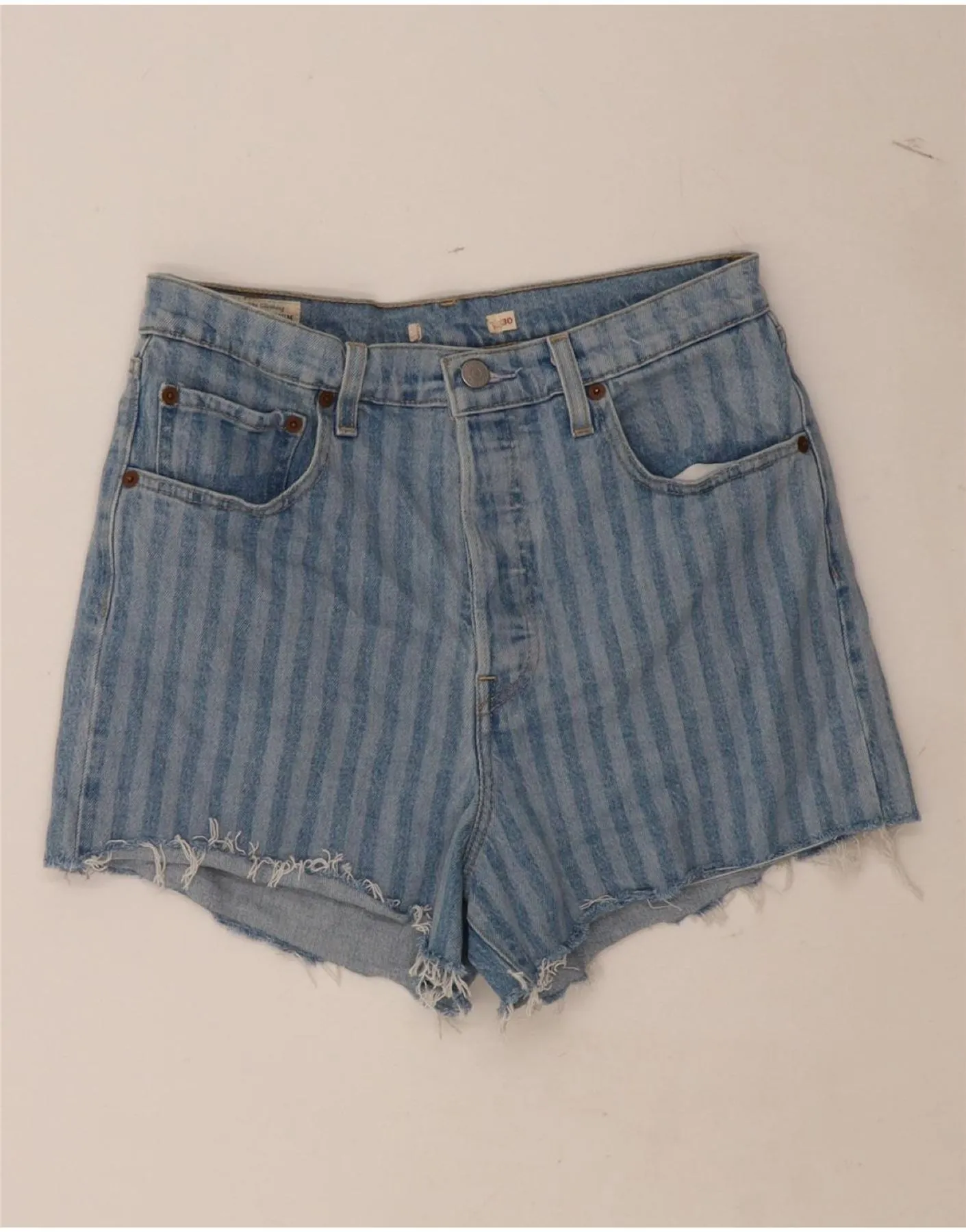 LEVI'S Womens High Waist Denim Shorts W30 Medium Blue Striped Cotton Sporty Fit adventure apparel