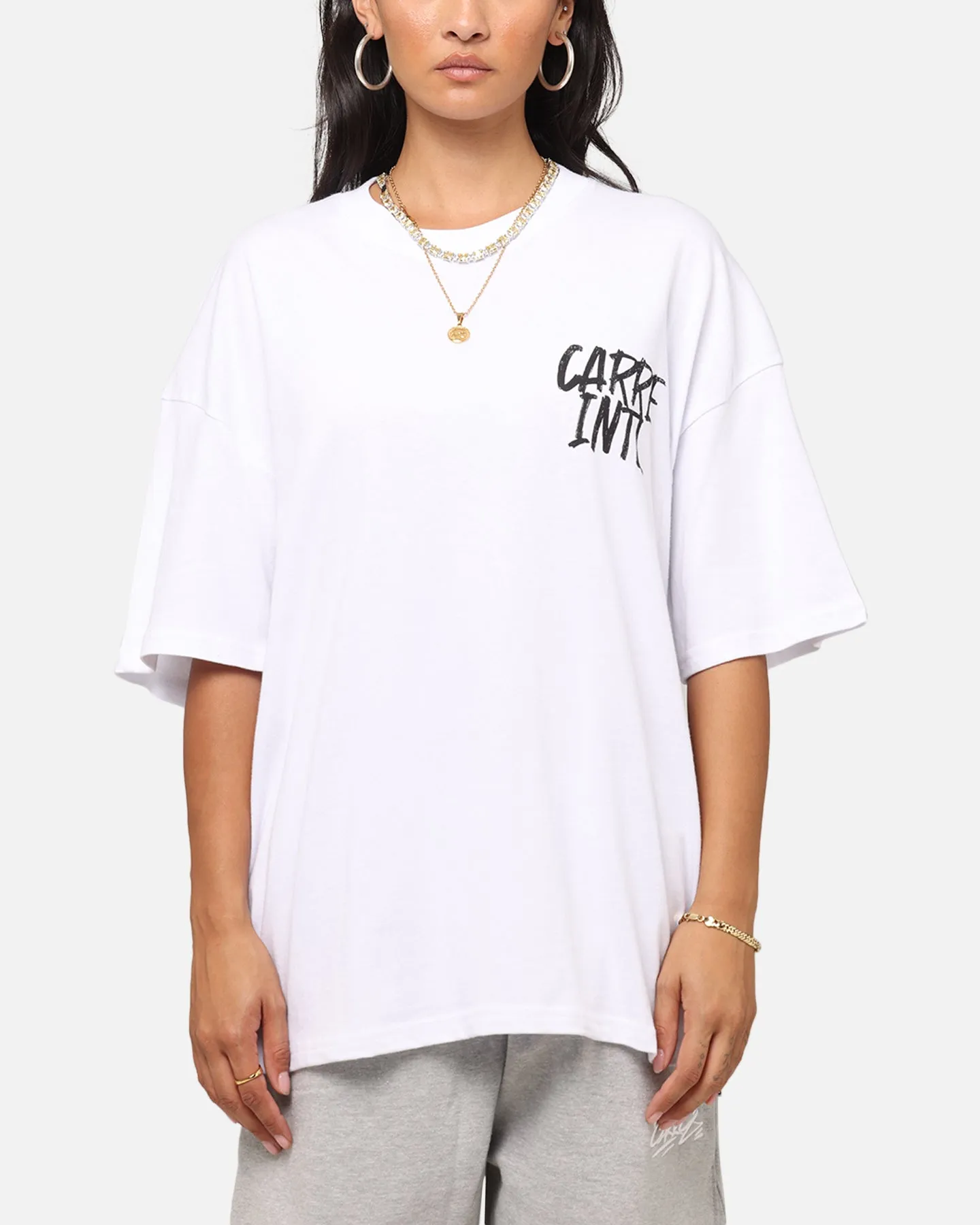 Sporty Layer Look Carre Intl Drop Shoulder T-Shirt White