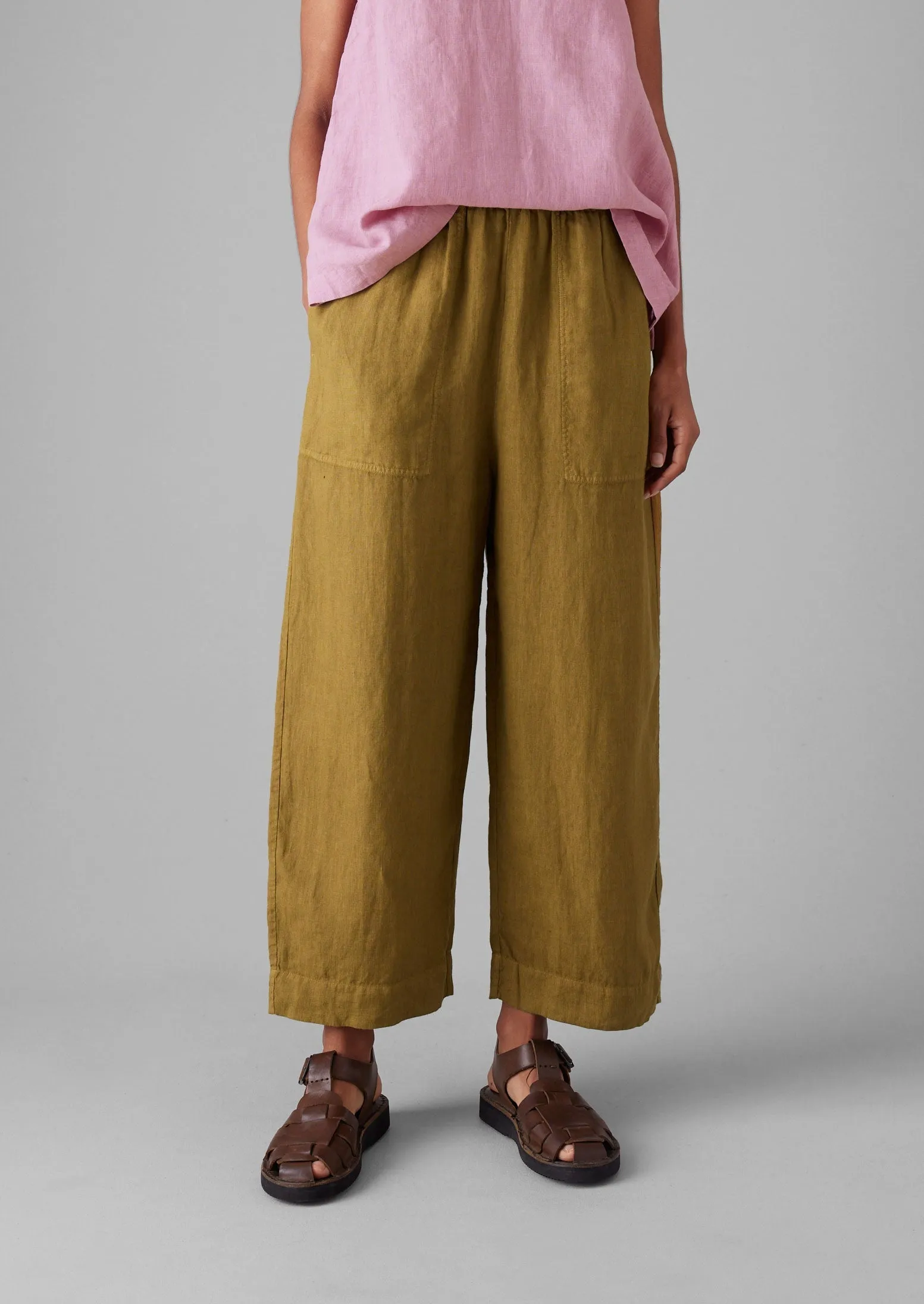 Garment Dyed Linen Barrel Leg Pants | Durian Green Breathable Comfort